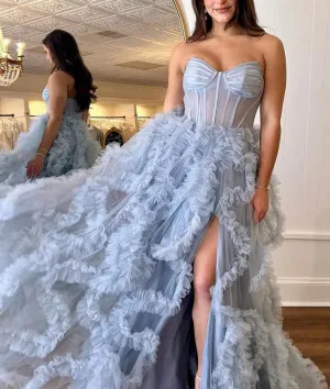 A Line Sweetheart Grey Ruffled Tulle Prom Dresses