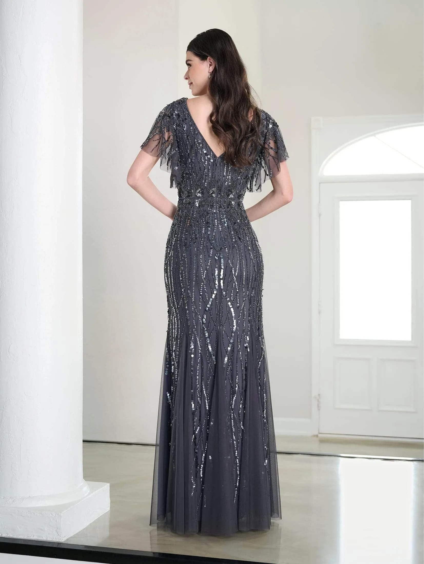 Adrianna Papell Platinum 40452 - Sequin Flutter Sleeve Long Dress