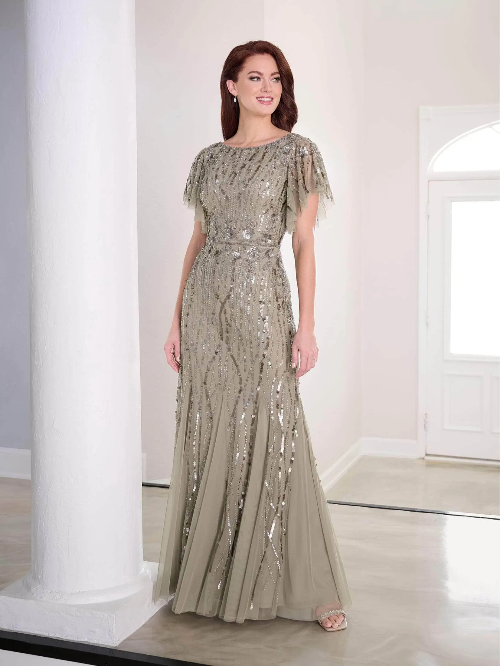 Adrianna Papell Platinum 40452 - Sequin Flutter Sleeve Long Dress