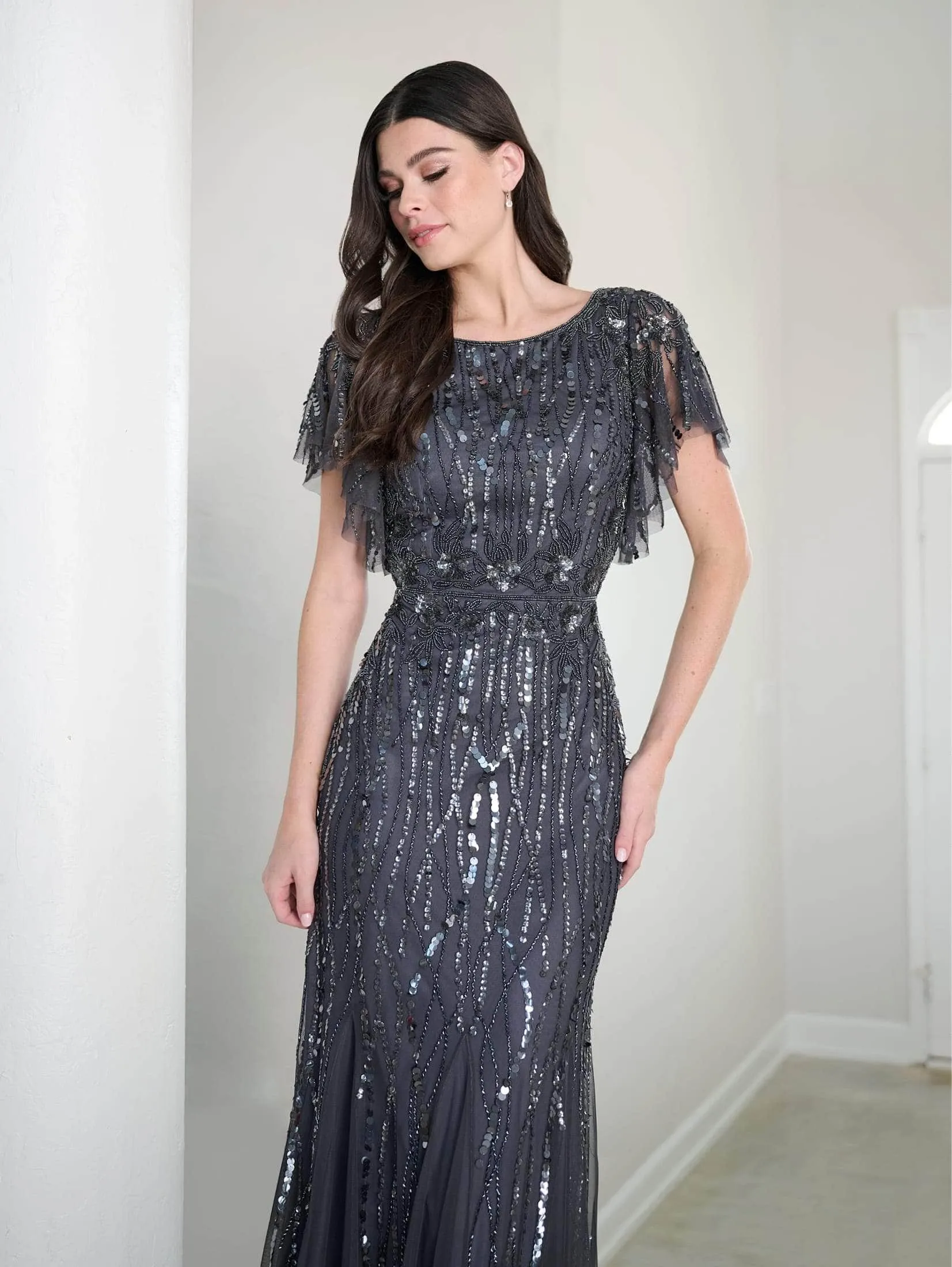 Adrianna Papell Platinum 40452 - Sequin Flutter Sleeve Long Dress