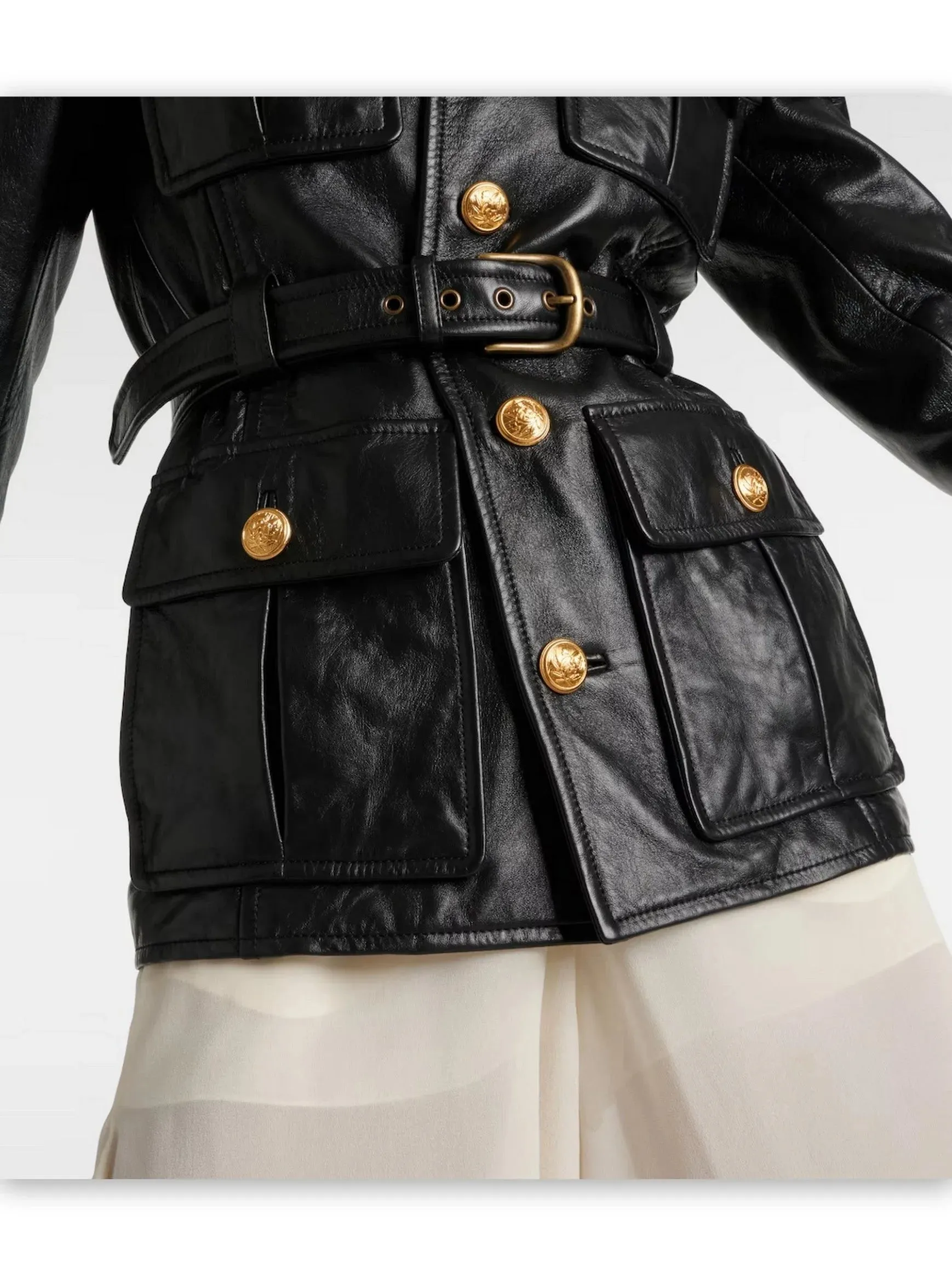 Belted Black Lambskin Leather Safari Jacket