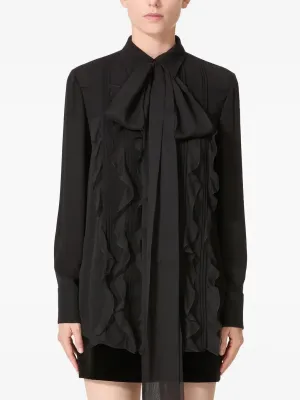 Black Ruffled Silk Georgette Blouse with Long Tie