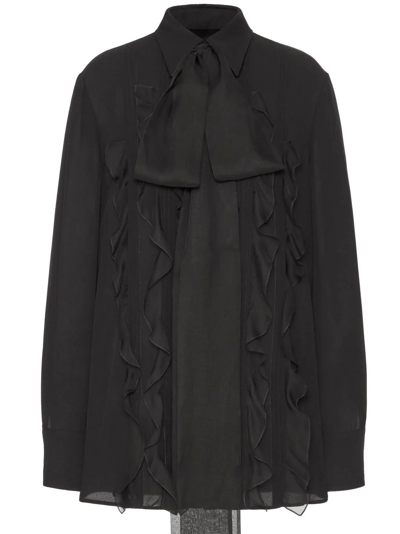 Black Ruffled Silk Georgette Blouse with Long Tie