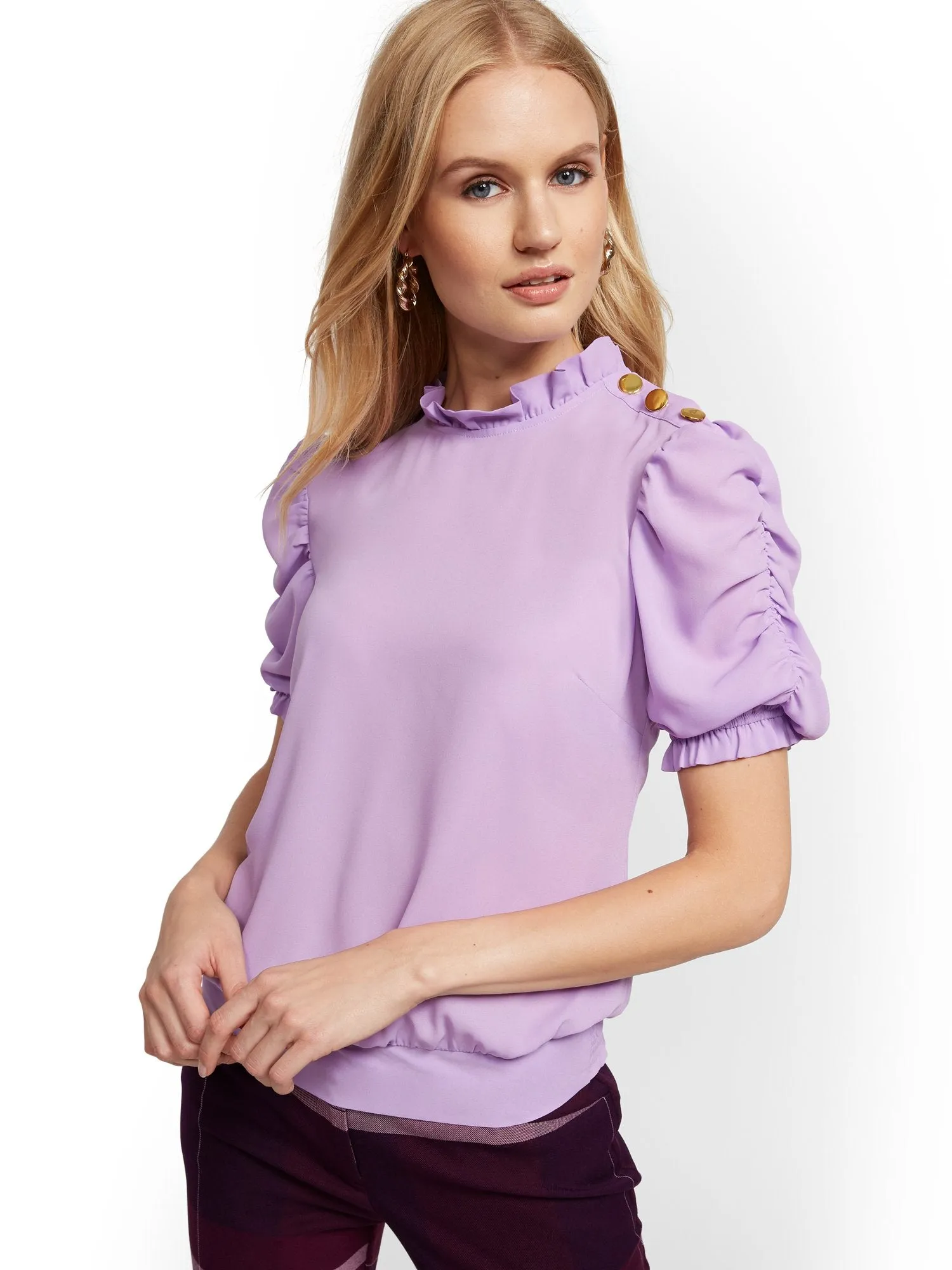 Button-Accent Ruffled Blouse