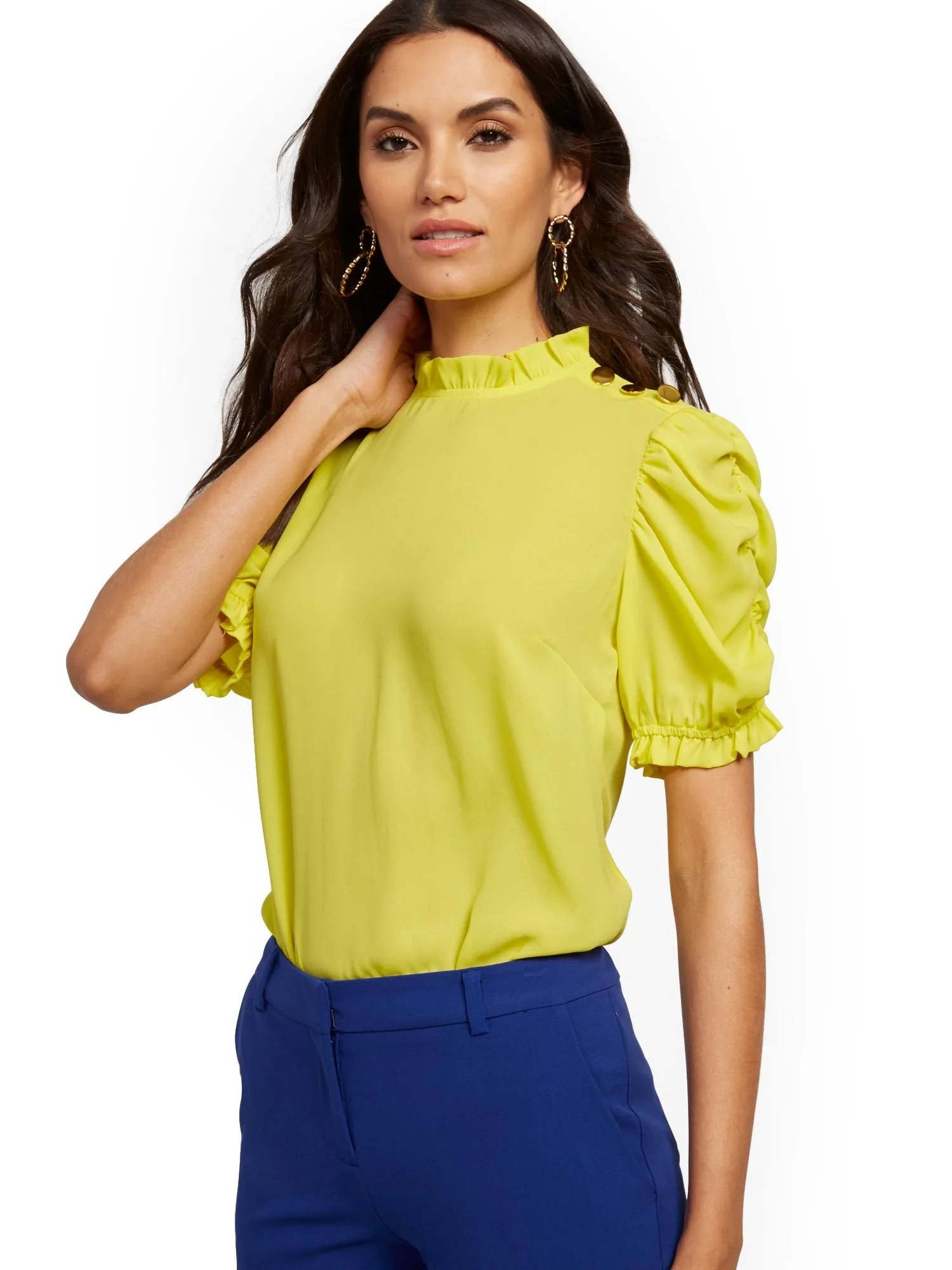 Button-Accent Ruffled Blouse