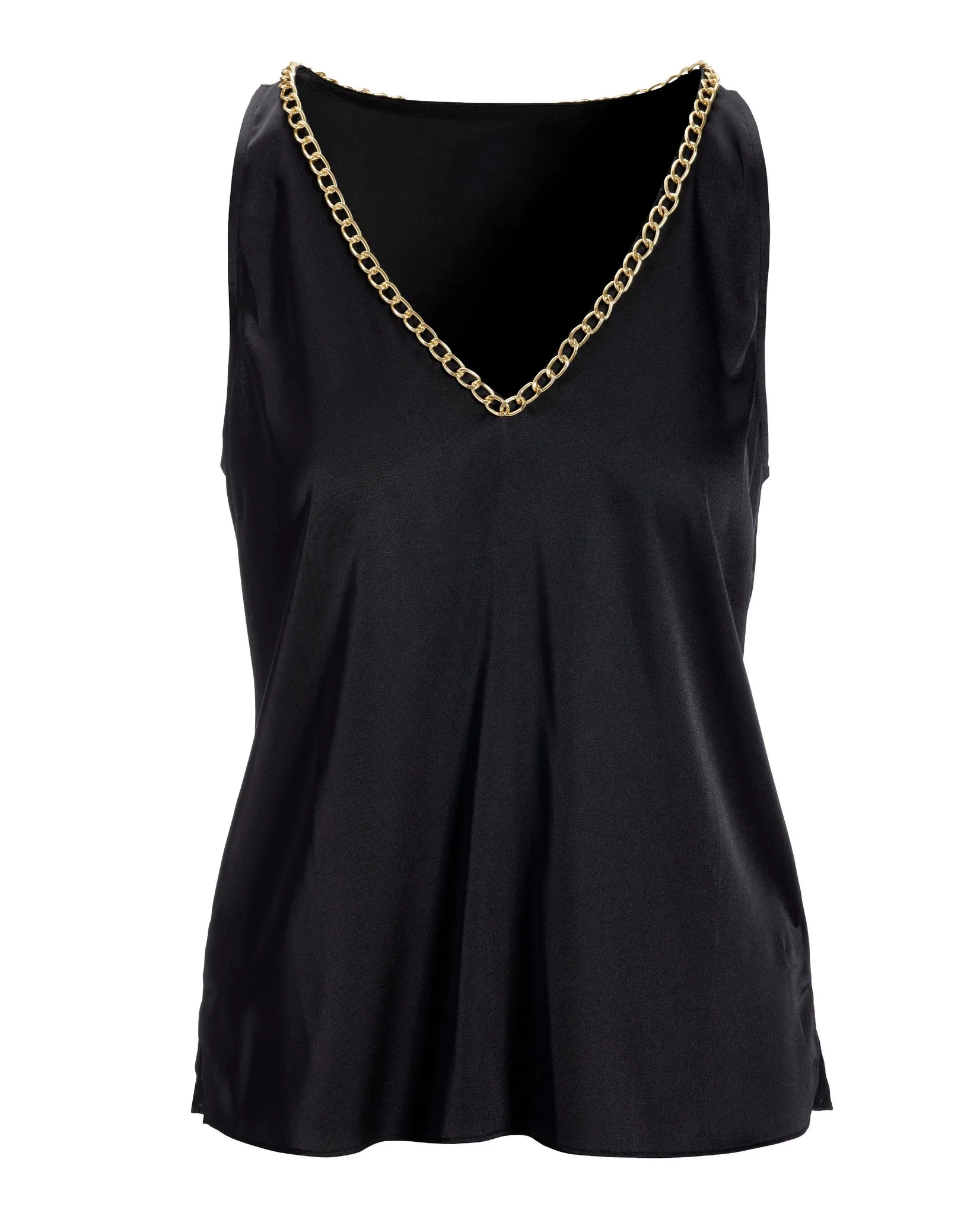 Chain Detail V Neck Charmeuse Blouse Black