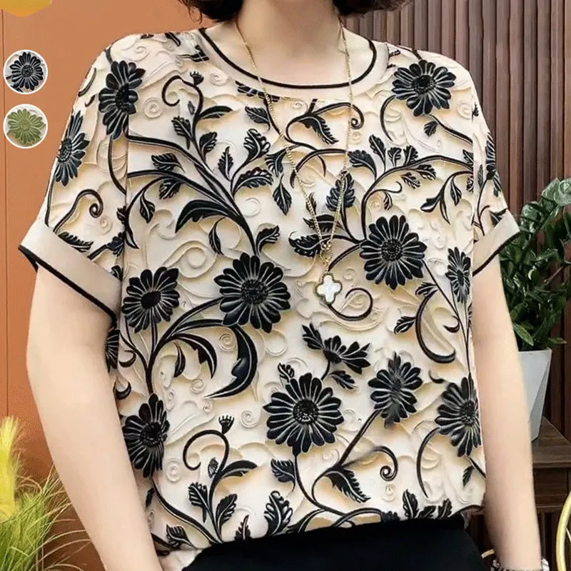 Elegant 3D Floral Round Neck Short Sleeve Top