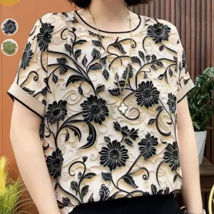 Elegant 3D Floral Round Neck Short Sleeve Top