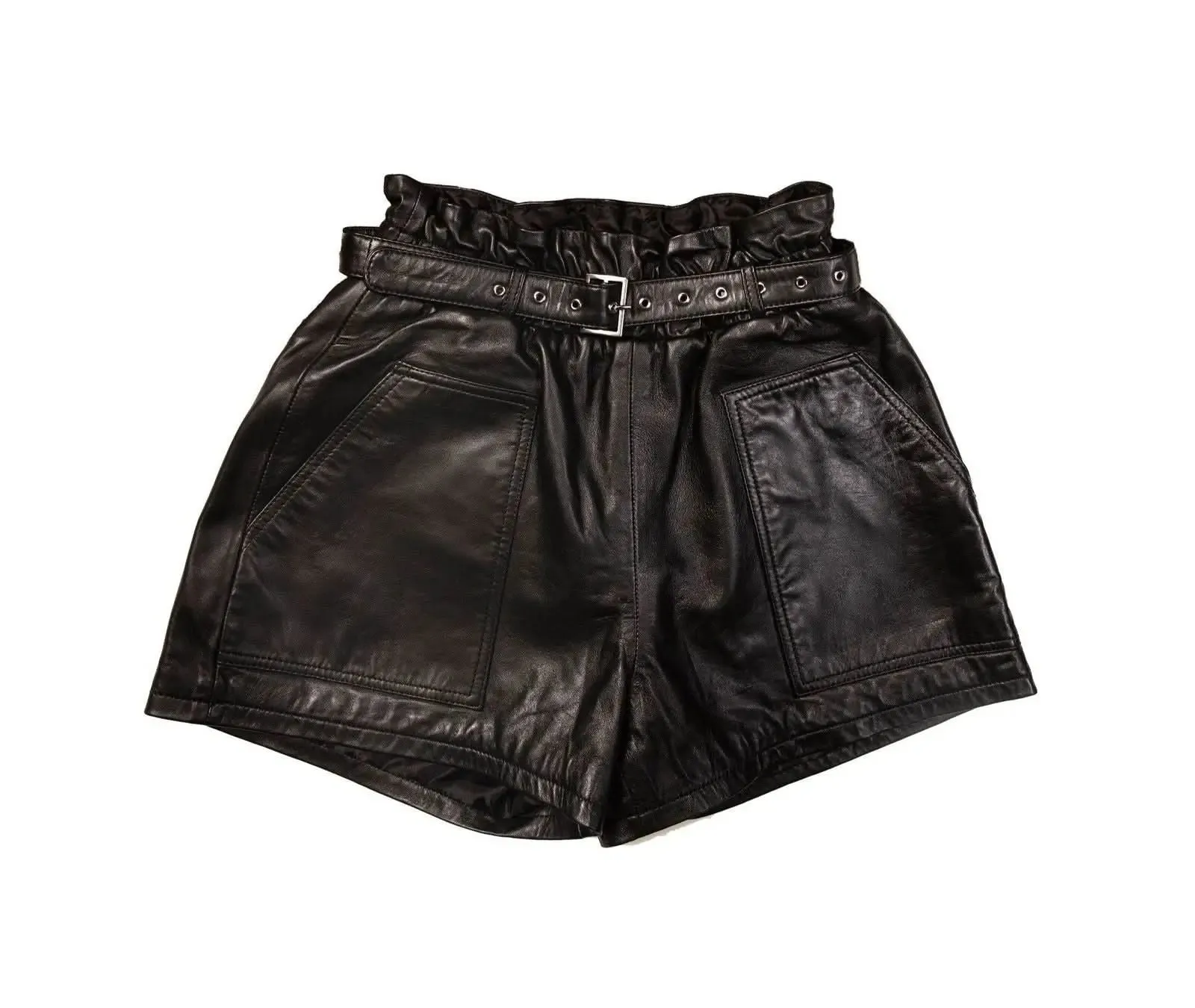 Fad Closet Women's Elegant High-Waisted Black Leather Wide Leg Shorts with Belt