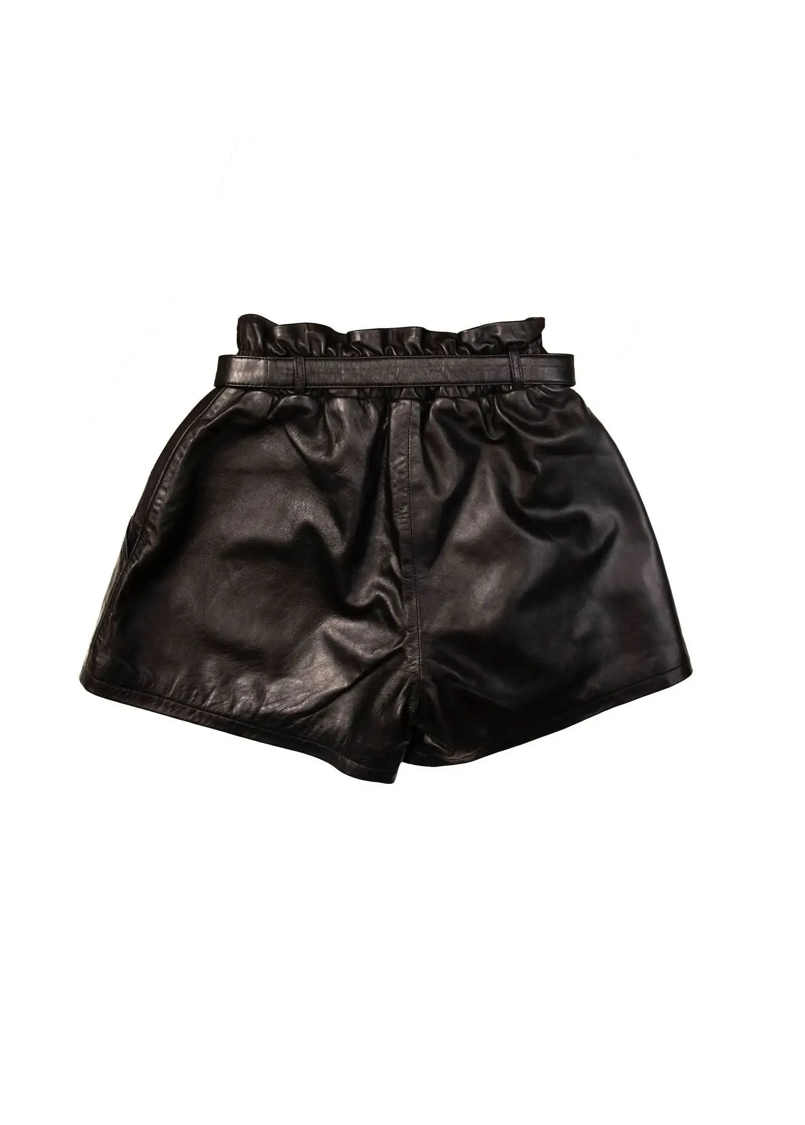 Fad Closet Women's Elegant High-Waisted Black Leather Wide Leg Shorts with Belt