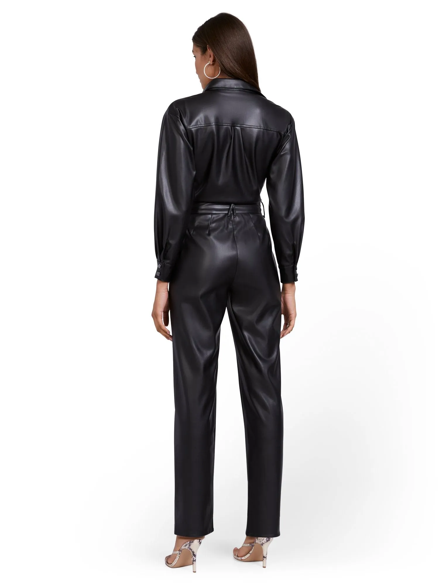 Faux-Leather Long-Sleeve Jumpsuit