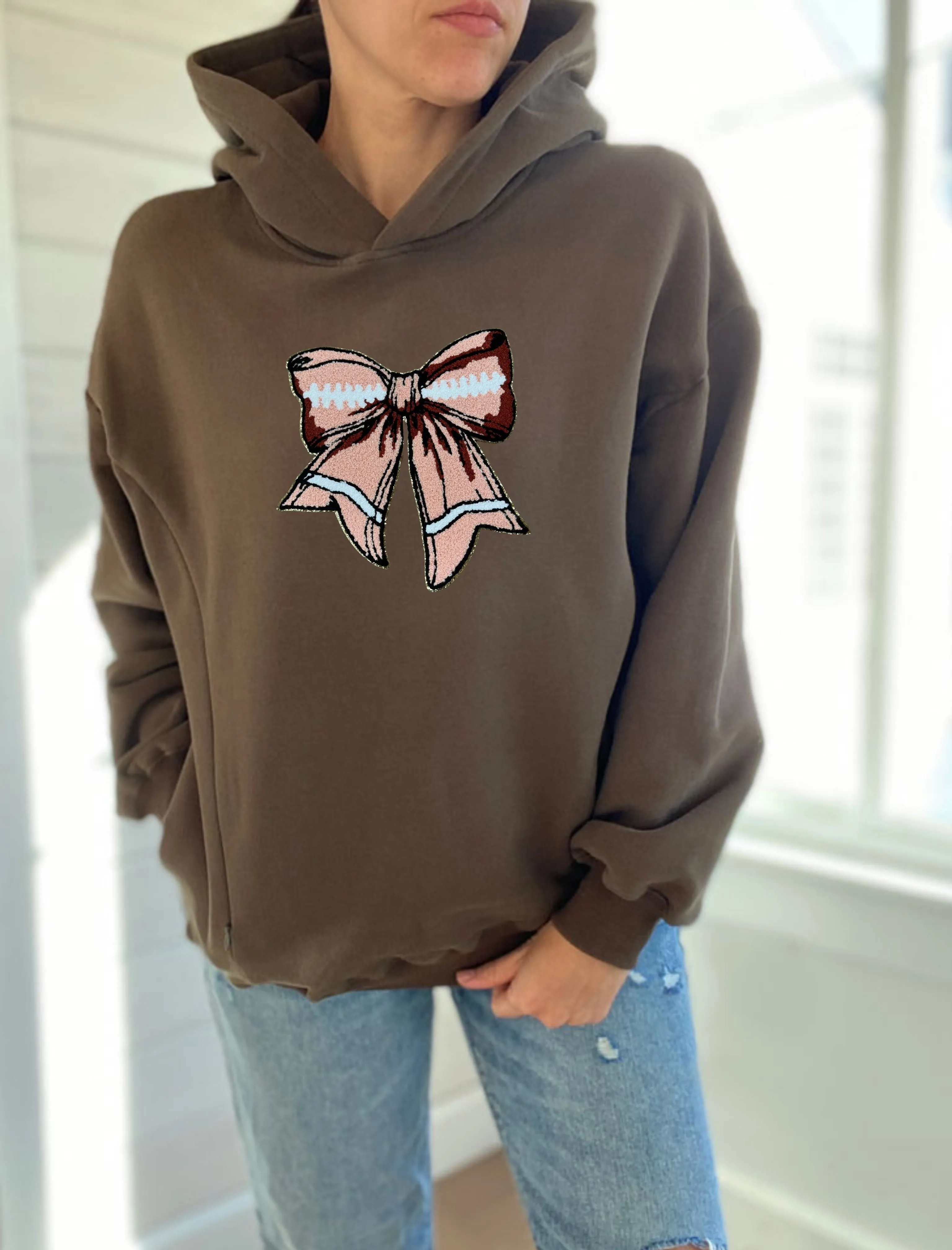 Football Bow Chenille Patch Hooded Sweatshirt