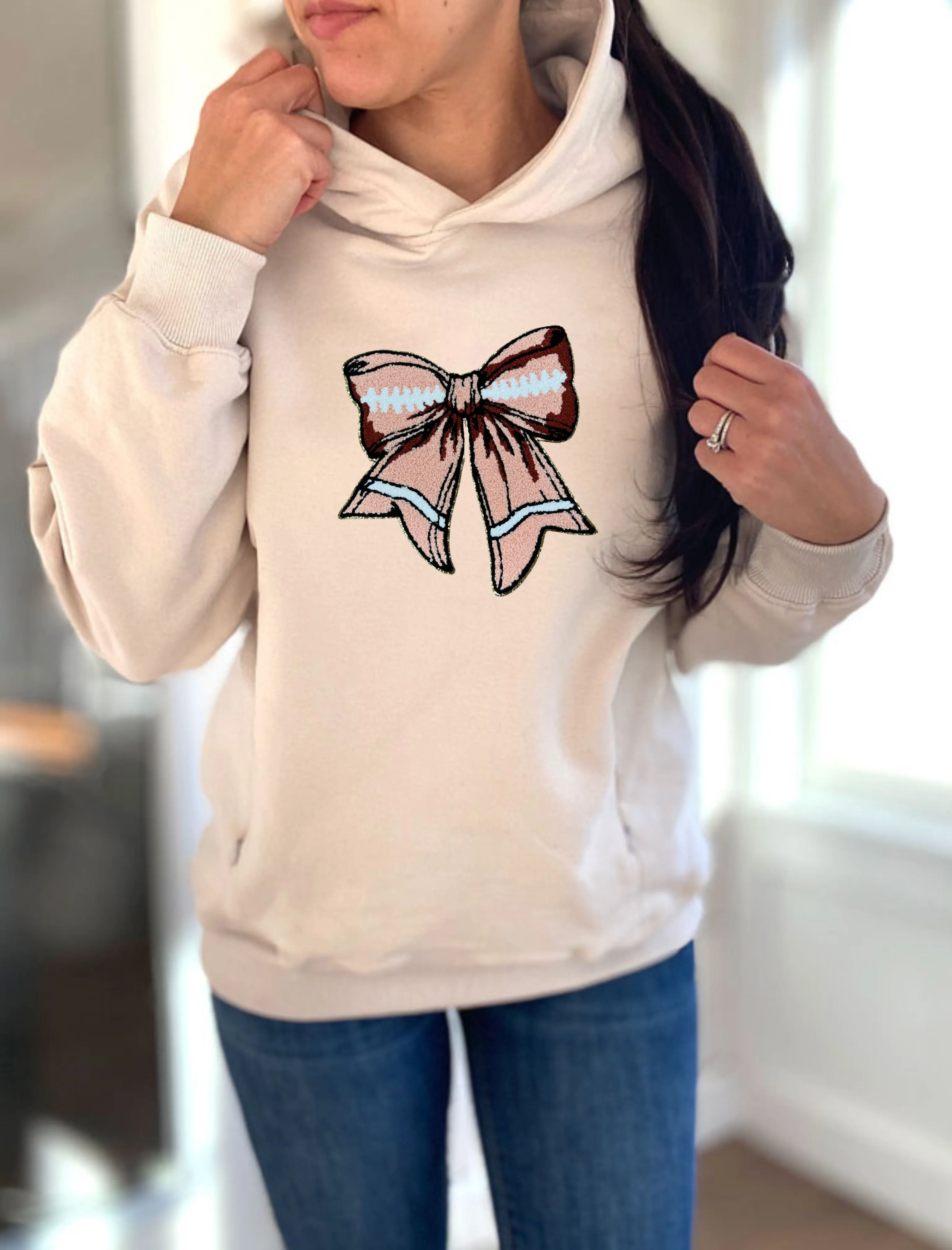 Football Bow Chenille Patch Hooded Sweatshirt