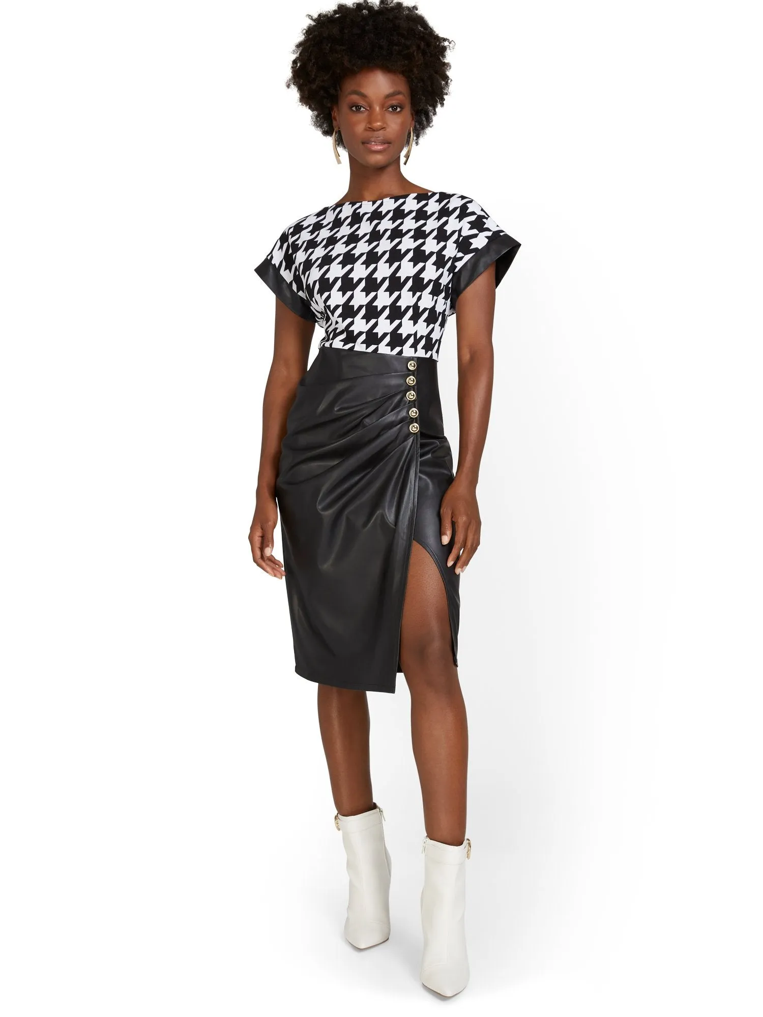 Houndstooth Faux-Leather Twofer Dress