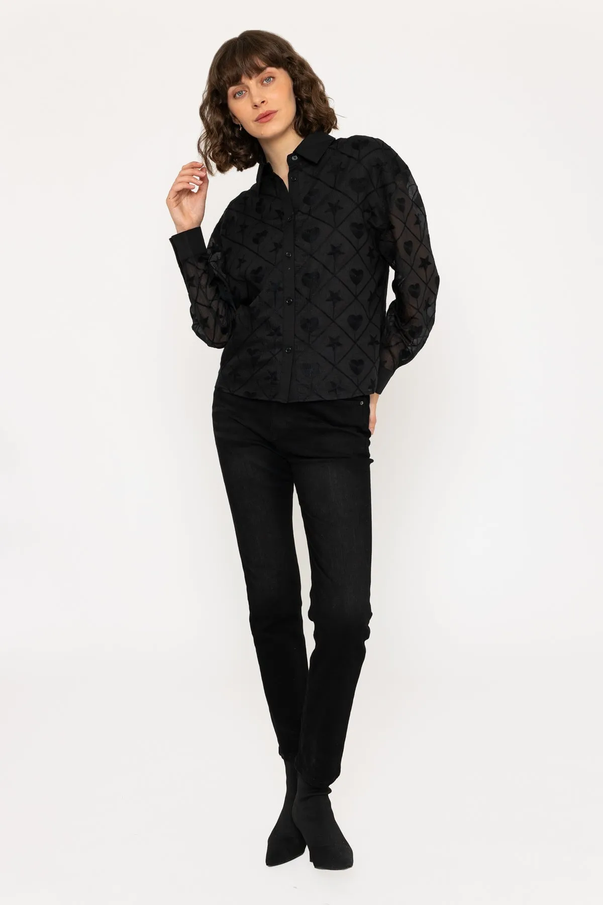 Jacquard Long Sleeve Blouse in Black