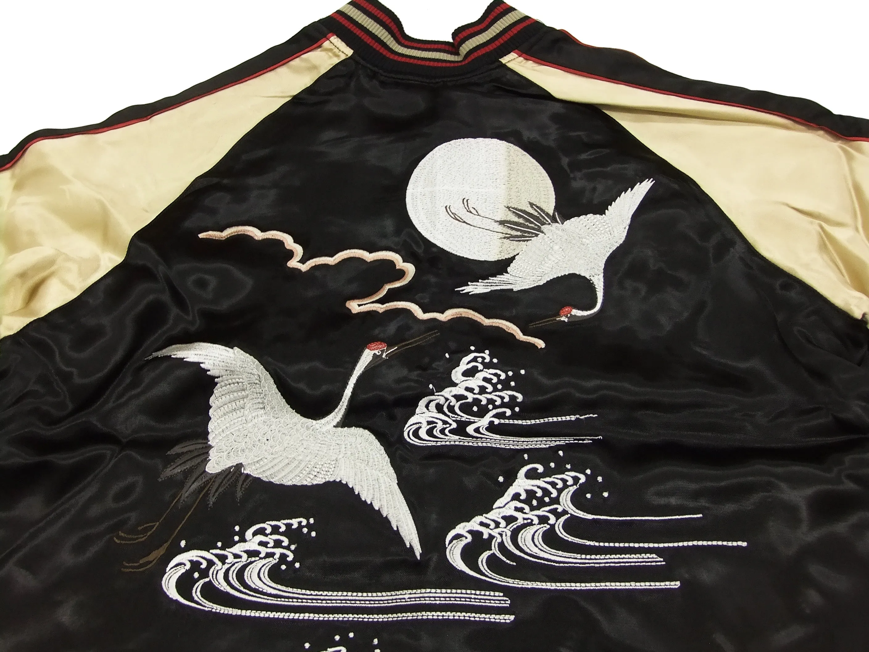 Japanesque Script Japanese Souvenir Jacket 3RSJ-032 Crane with Moon Men's Sukajan Black/Gold