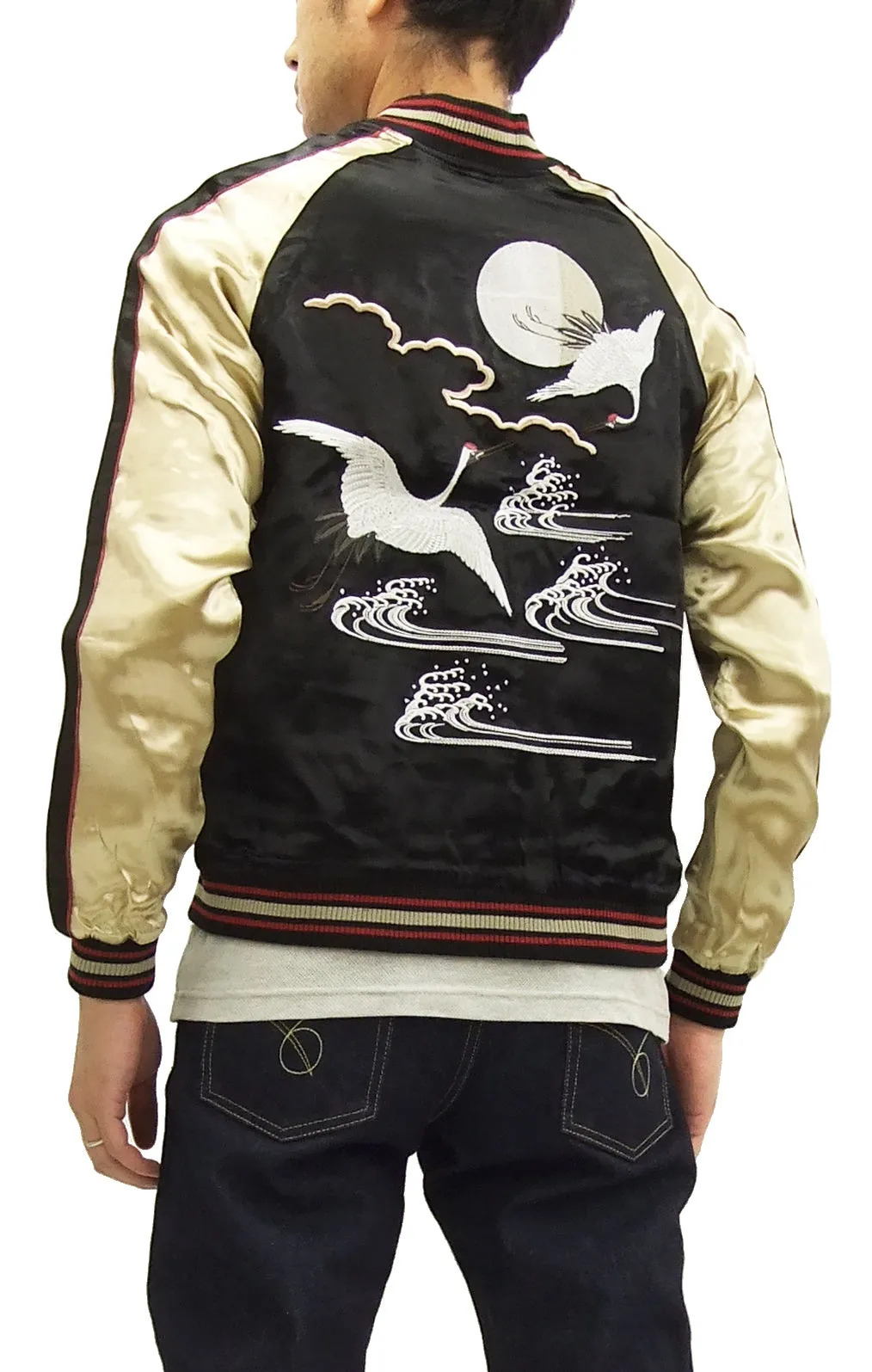 Japanesque Script Japanese Souvenir Jacket 3RSJ-032 Crane with Moon Men's Sukajan Black/Gold