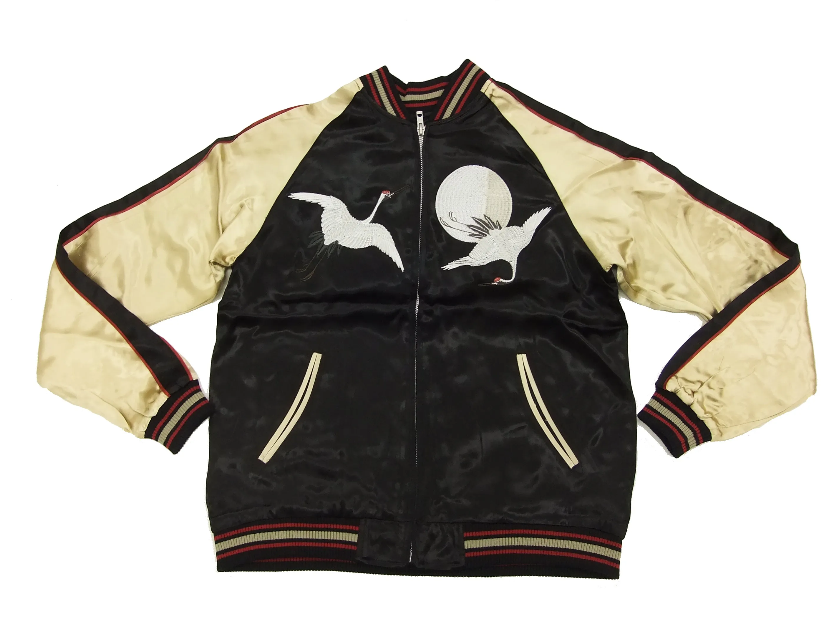 Japanesque Script Japanese Souvenir Jacket 3RSJ-032 Crane with Moon Men's Sukajan Black/Gold