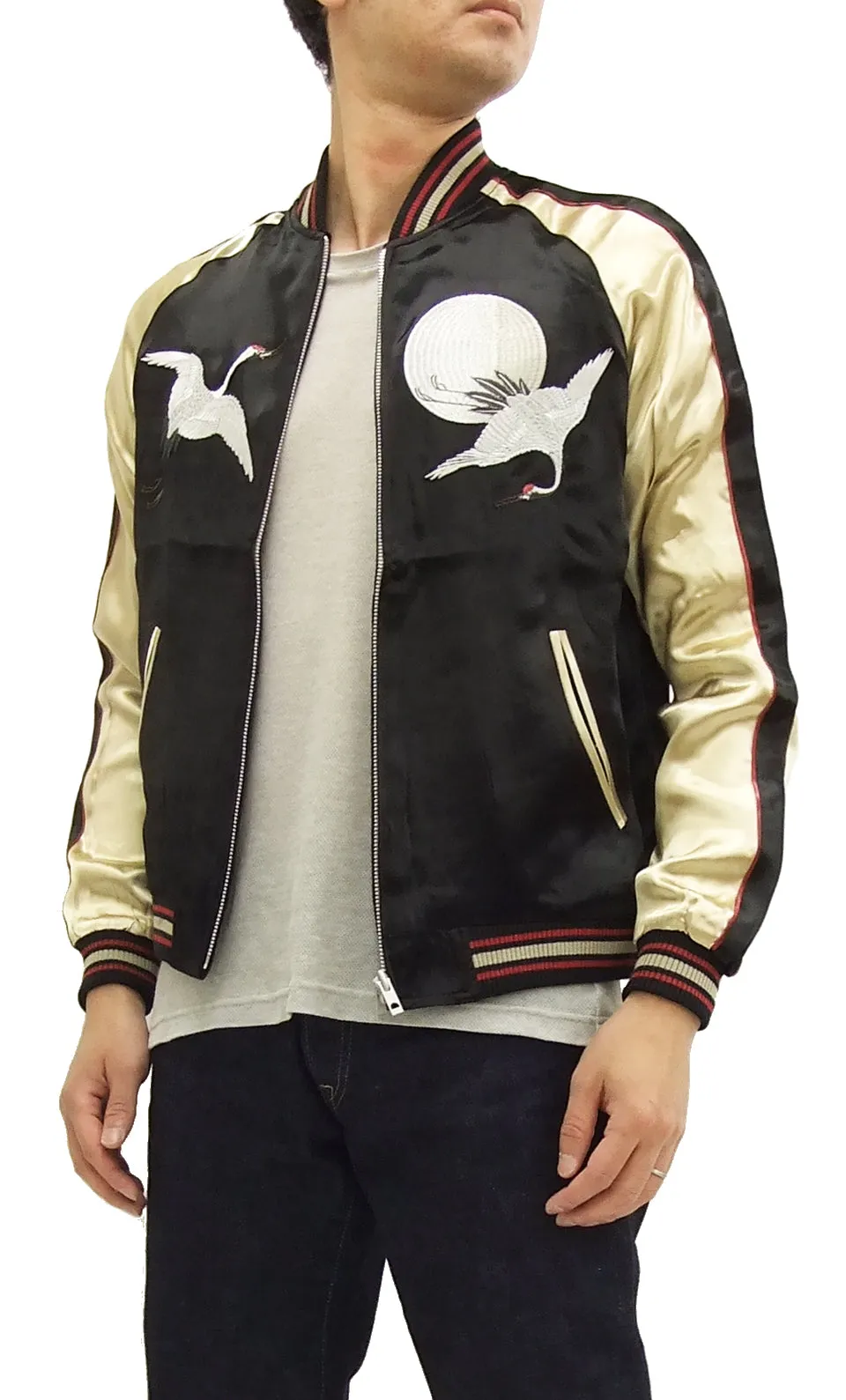 Japanesque Script Japanese Souvenir Jacket 3RSJ-032 Crane with Moon Men's Sukajan Black/Gold