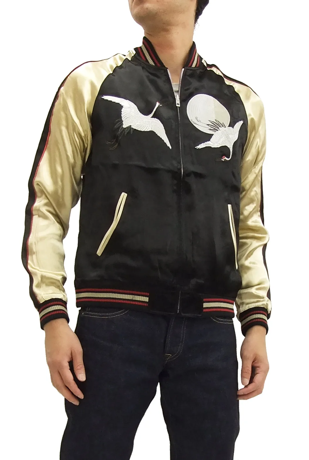 Japanesque Script Japanese Souvenir Jacket 3RSJ-032 Crane with Moon Men's Sukajan Black/Gold