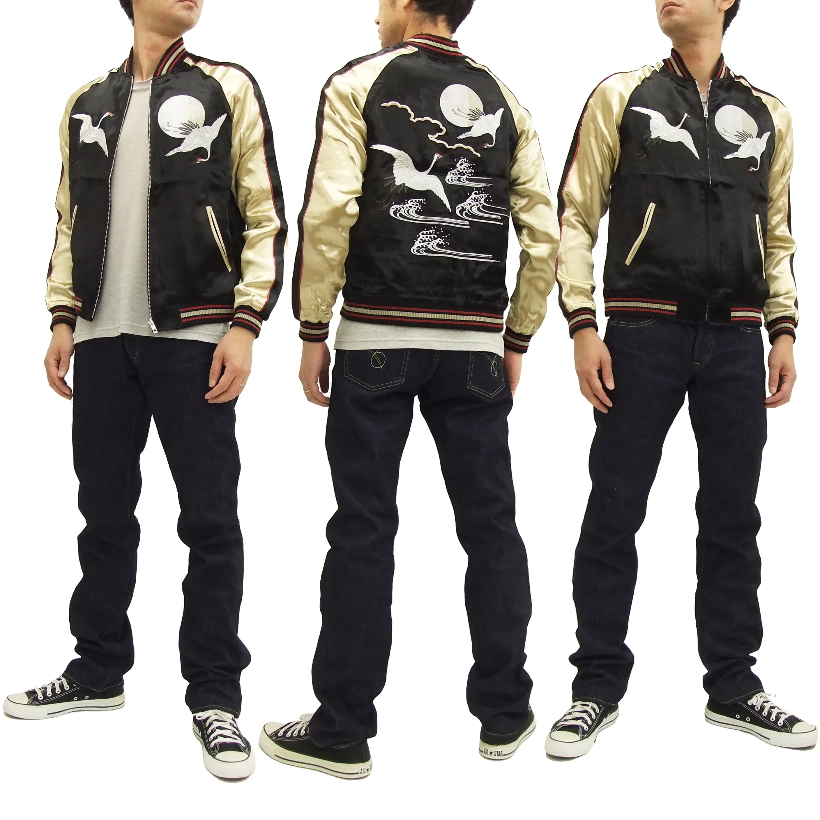 Japanesque Script Japanese Souvenir Jacket 3RSJ-032 Crane with Moon Men's Sukajan Black/Gold