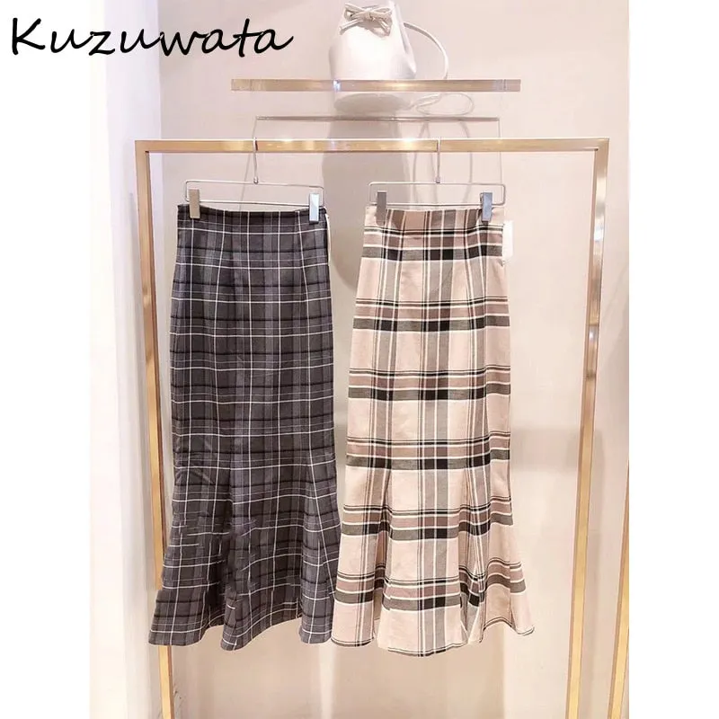 Joskaa Christmas Gift Kuzuwata High Waist Plaid Buttocks Side Split Mermaid Skirts Japan Style Temperament Elegant Jupe 2024 Autumn New Women Faldas