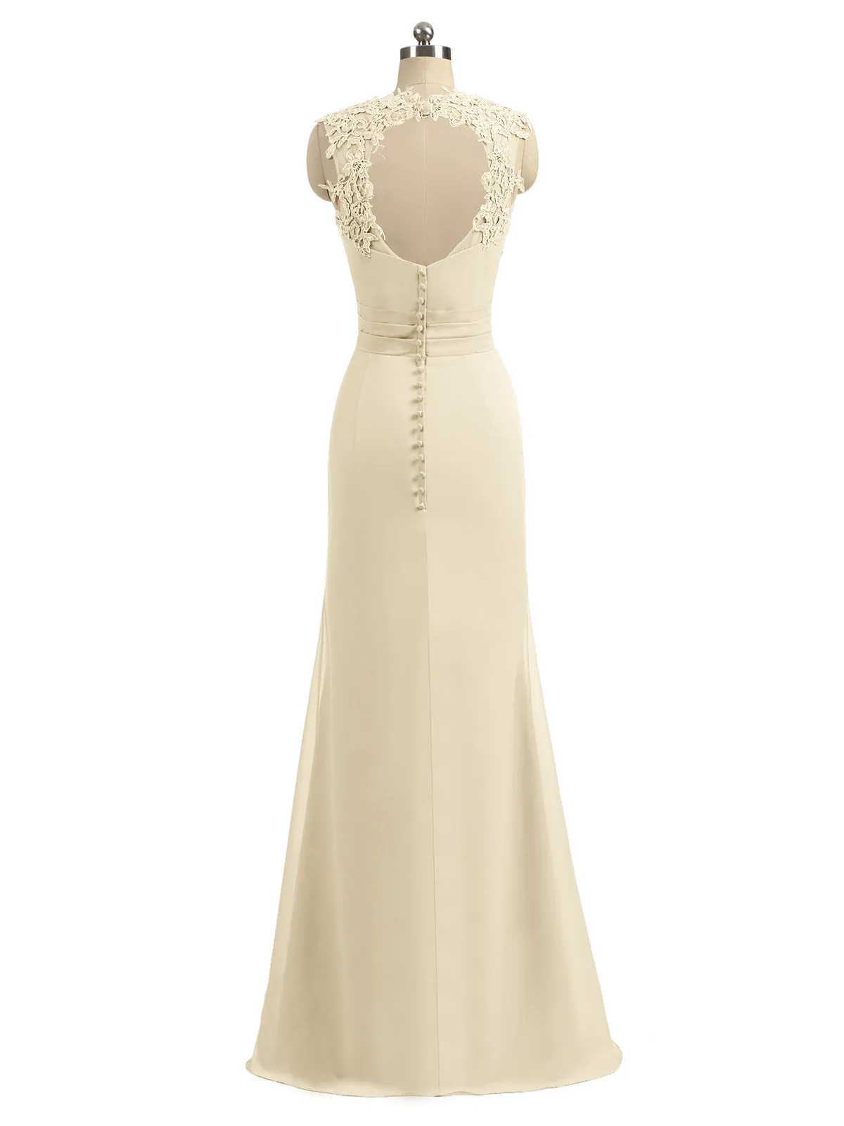 Lace Appliqued Strap Sheath Open Back Dress Champagne