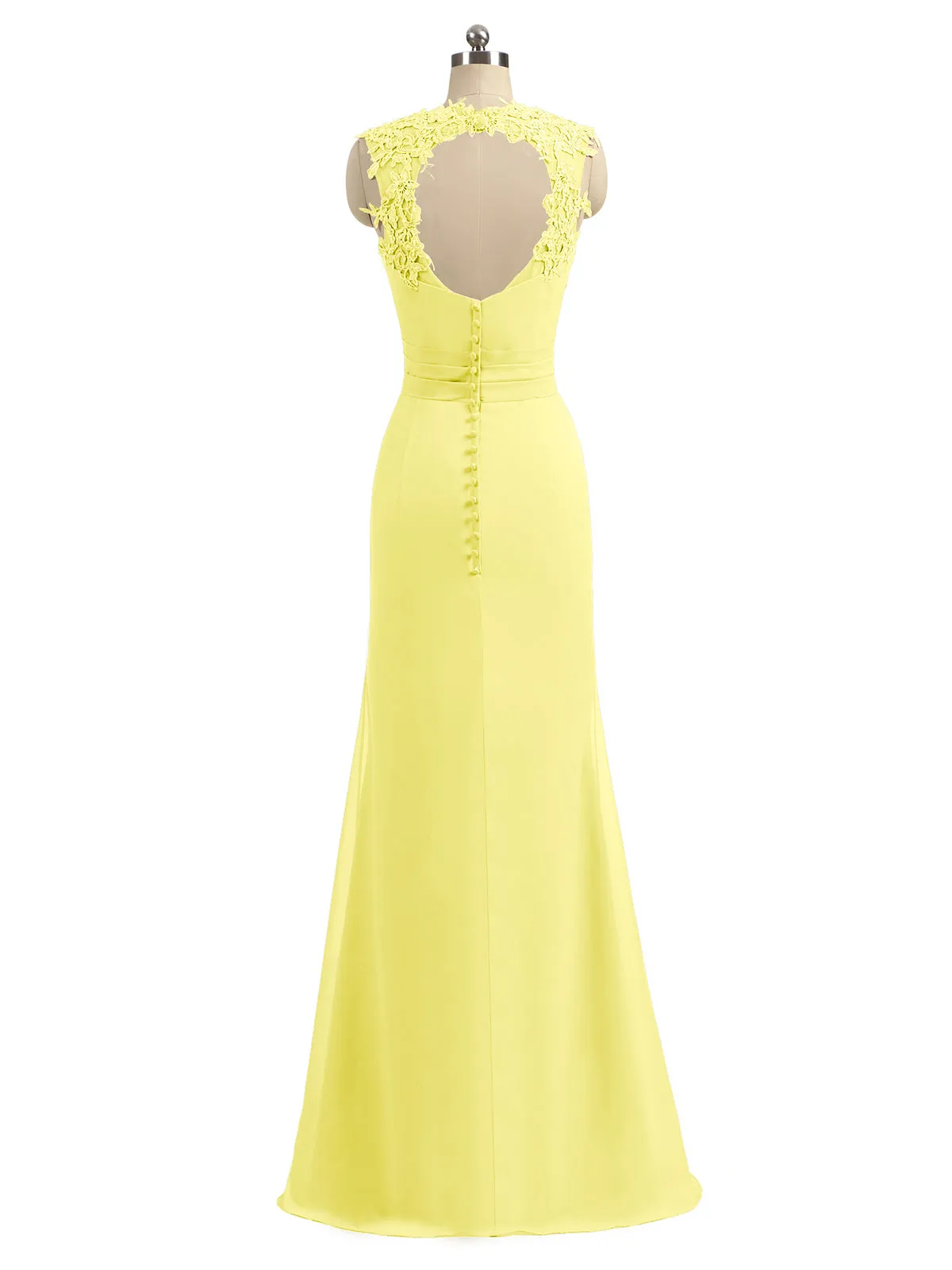 Lace Appliqued Strap Sheath Open Back Dress Lemon