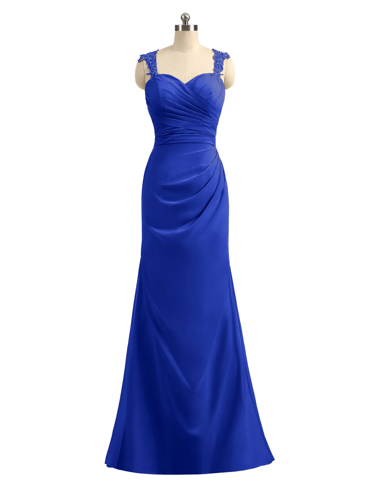 Lace Appliqued Strap Sheath Open Back Dress Royal Blue