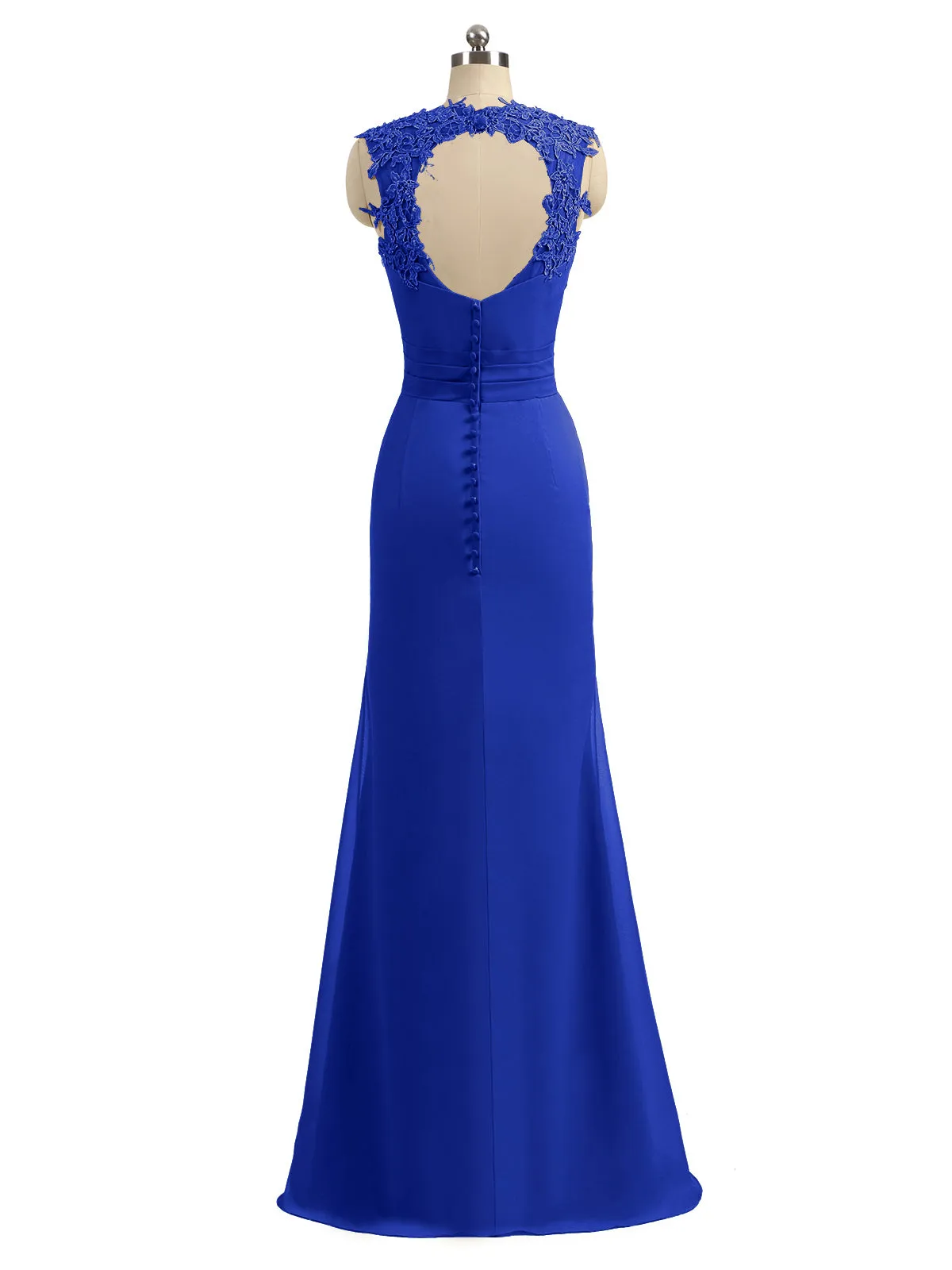 Lace Appliqued Strap Sheath Open Back Dress Royal Blue