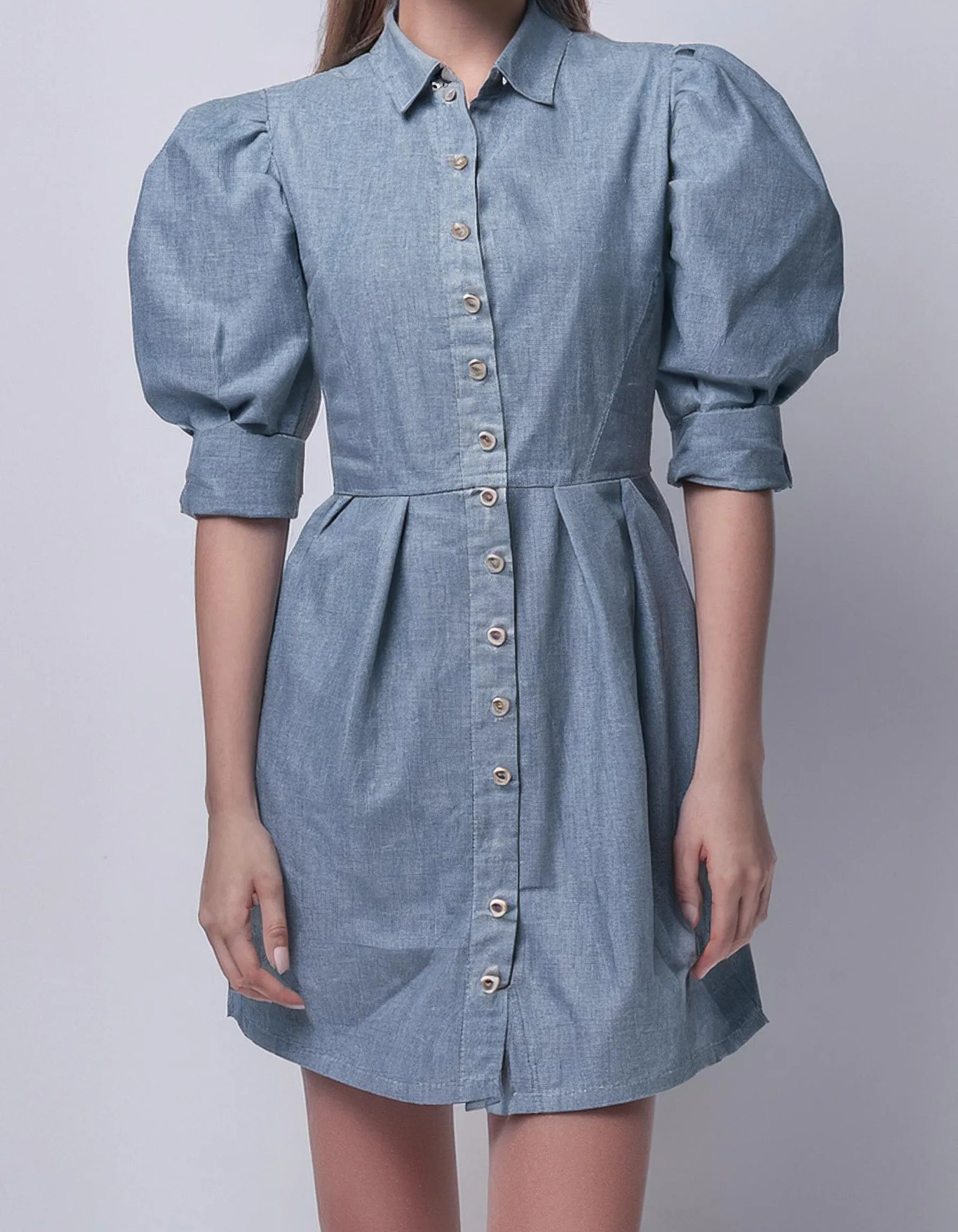 Light Blue Puff Sleeve Shirt Dress