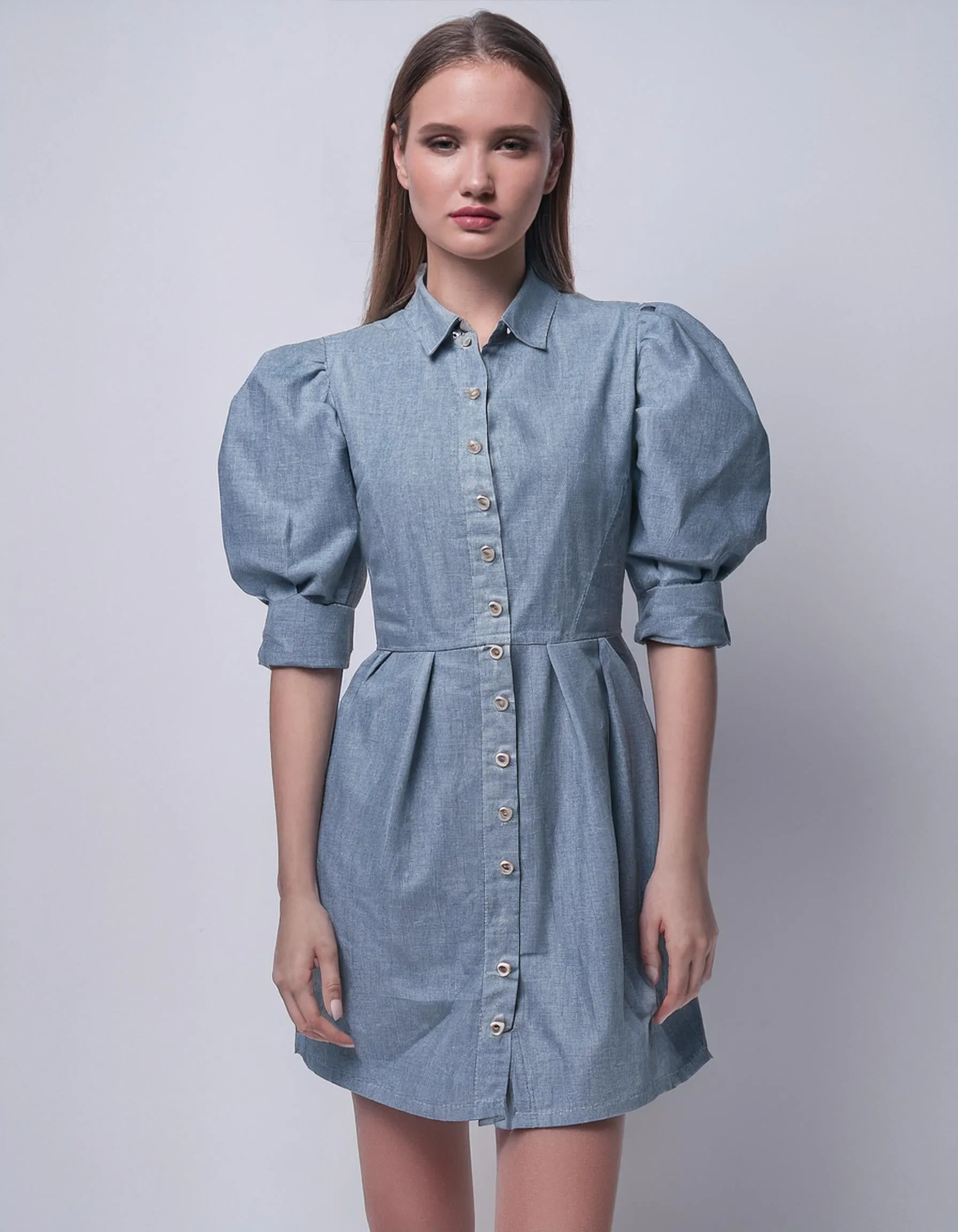 Light Blue Puff Sleeve Shirt Dress