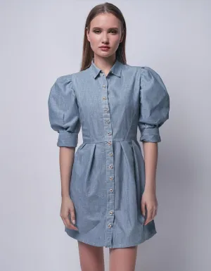 Light Blue Puff Sleeve Shirt Dress