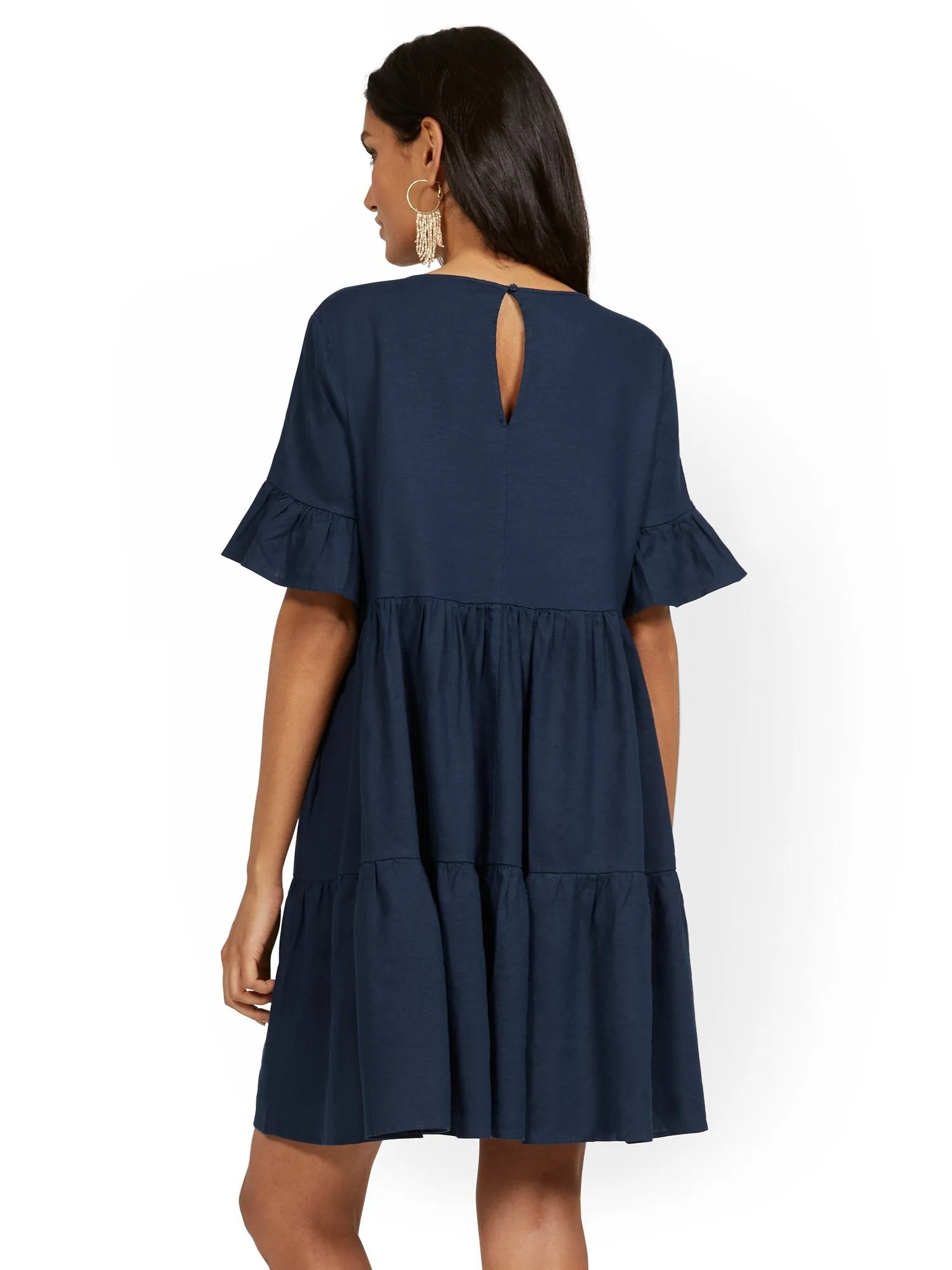 Linen-Blend Ruffle-Sleeve V-Neck Dress