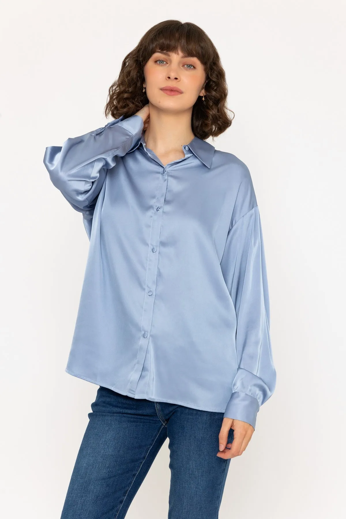 Long Sleeve Satin Oversized Blouse in Light Blue