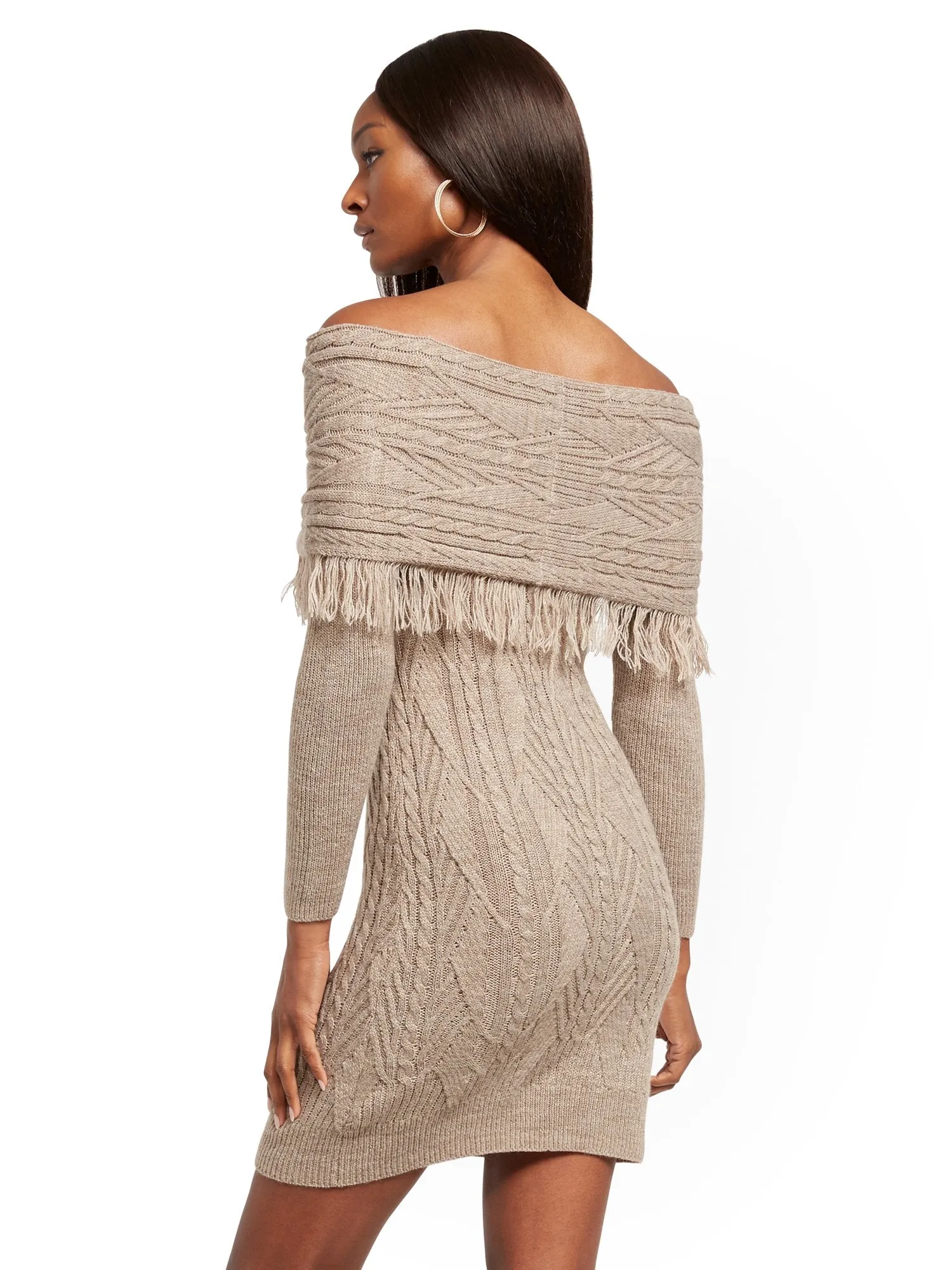 Off-The-Shoulder Fringe Sweater Sheath Dress