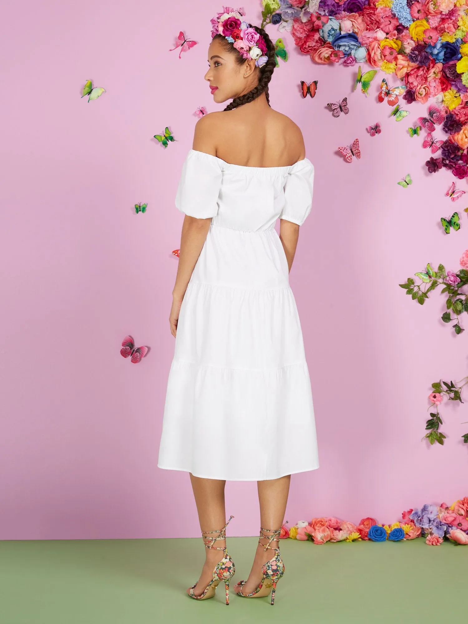 Off-The-Shoulder Tiered Button-Front Dress