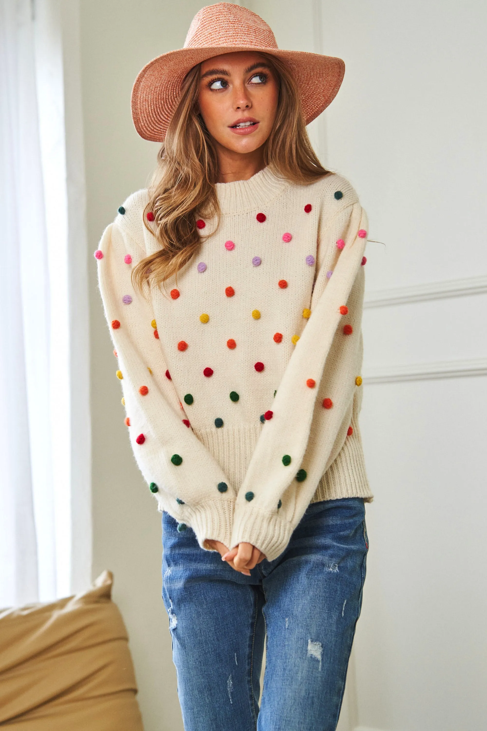 Party Isn't Over Pom Sweater - Cream