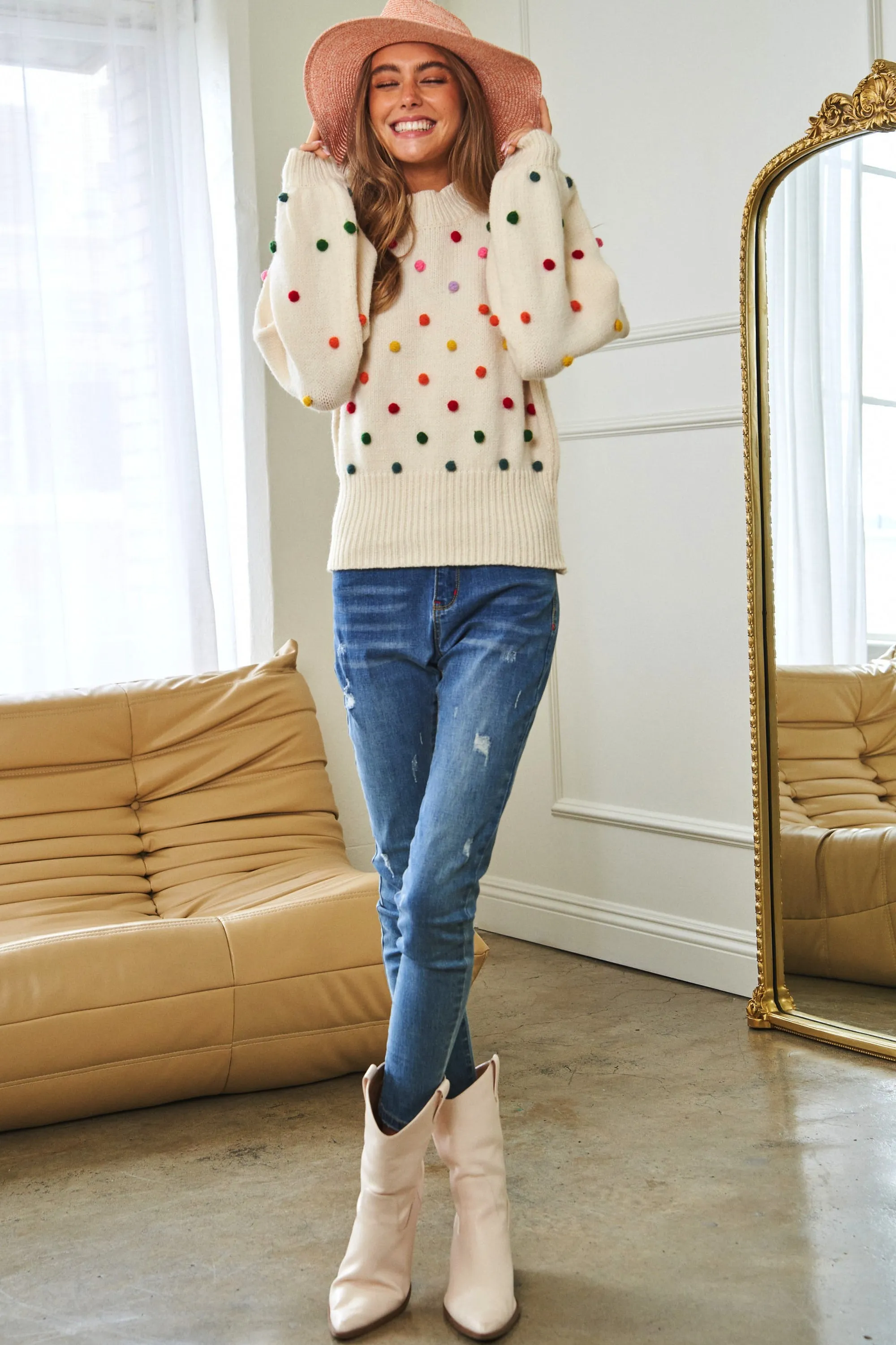 Party Isn't Over Pom Sweater - Cream