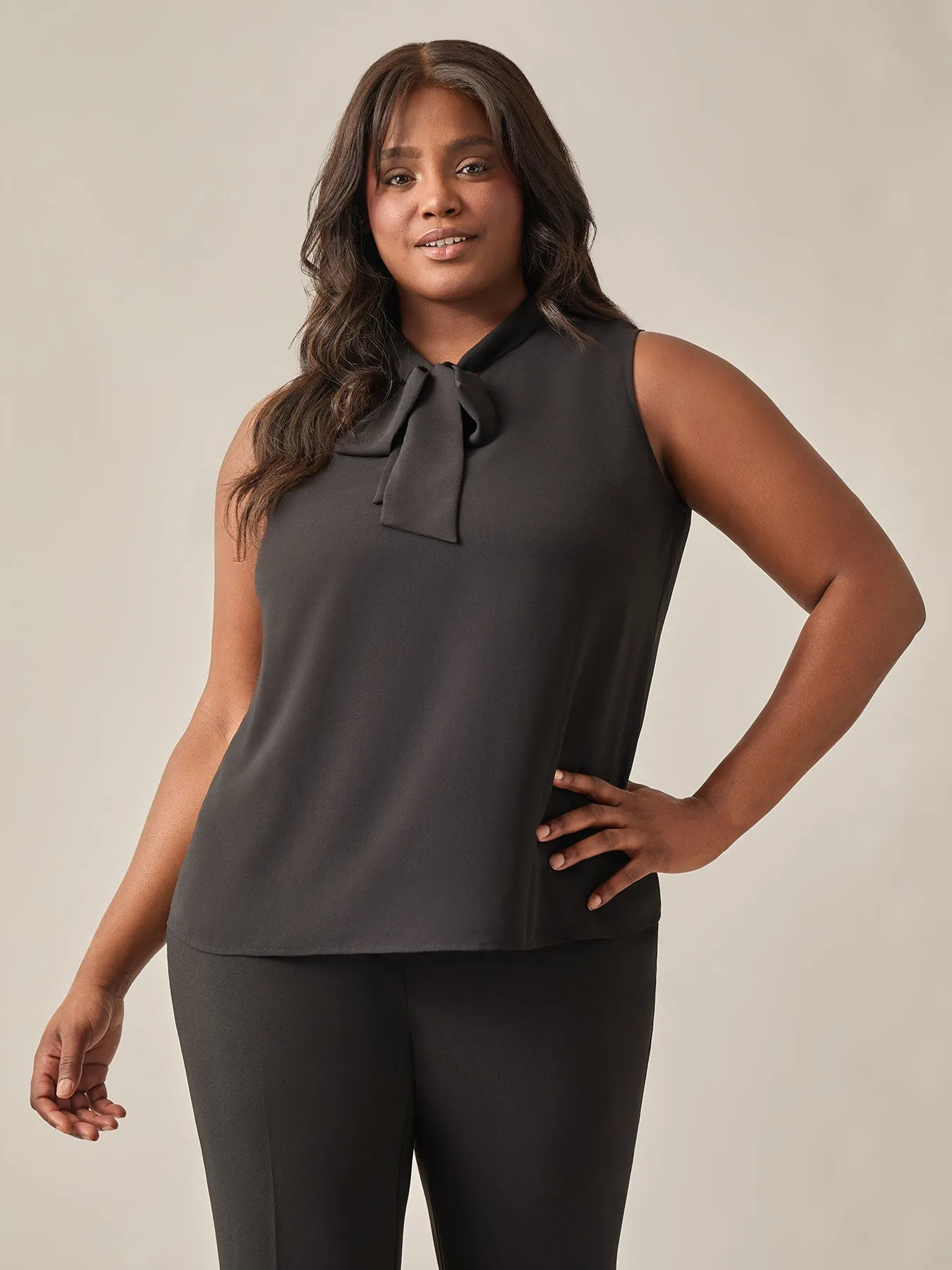 Plus Size Sleeveless Bow Neck Blouse, Black