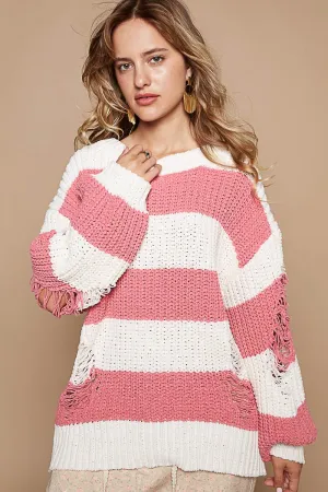 POL Chenille Striped Distressed Sweater in Cream/Pink