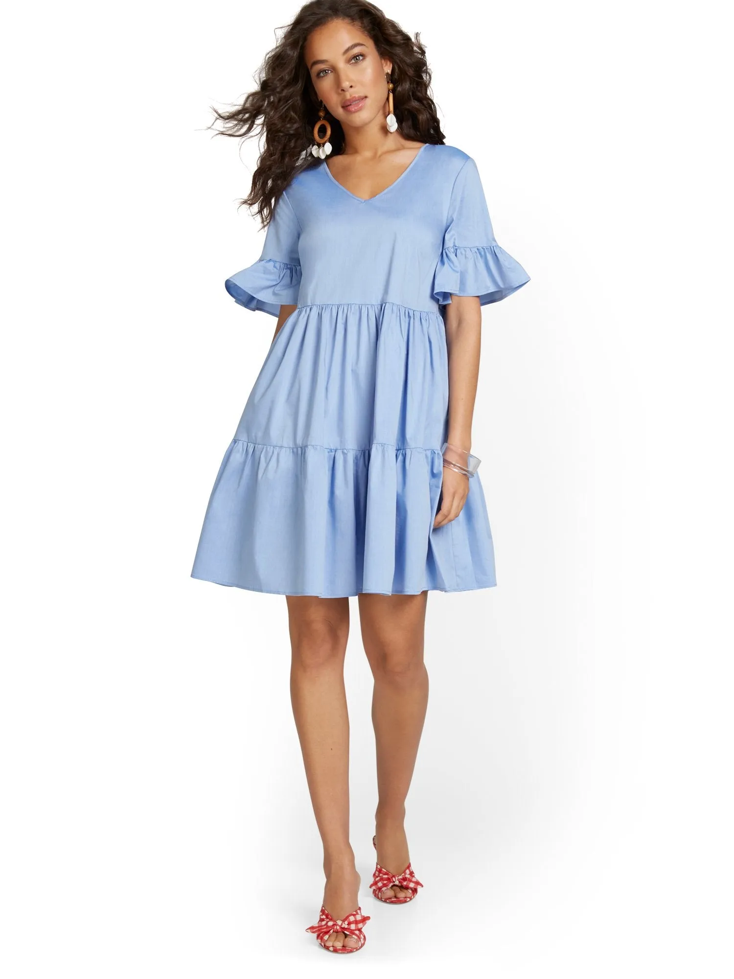 Poplin Ruffle-Sleeve Dress