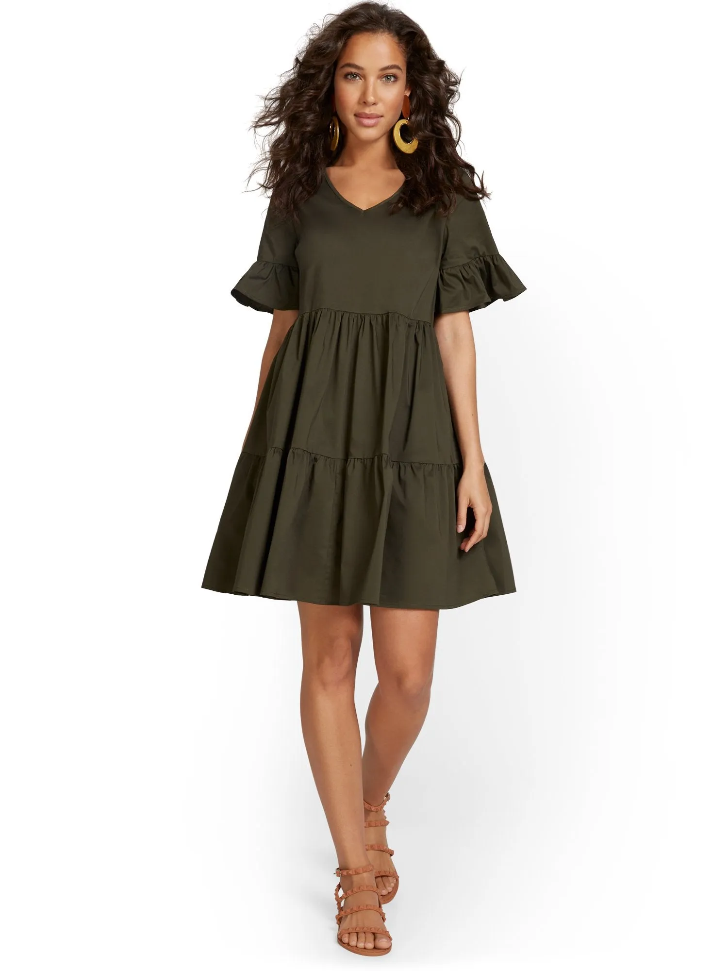 Poplin Ruffle-Sleeve Dress