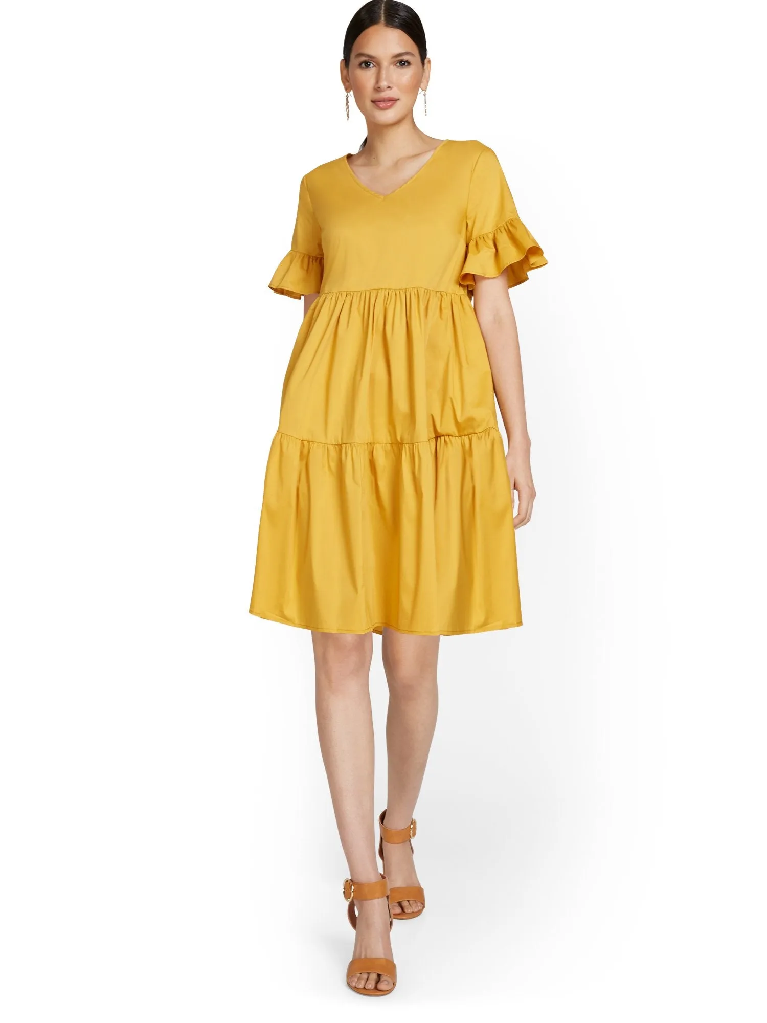 Poplin Ruffle-Sleeve Dress