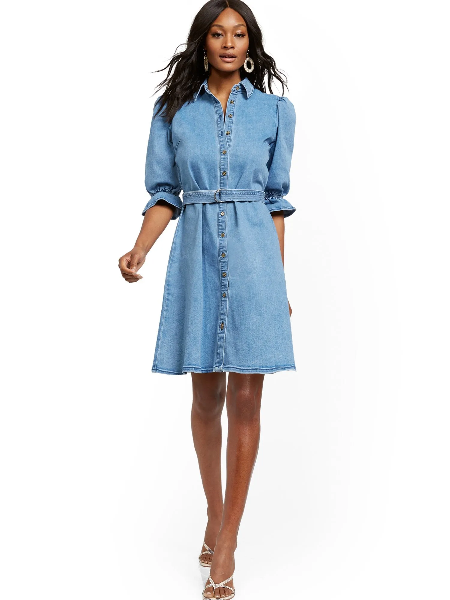 Puff-Sleeve Denim Shirtdress