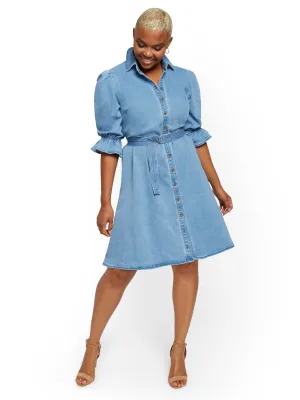 Puff-Sleeve Denim Shirtdress