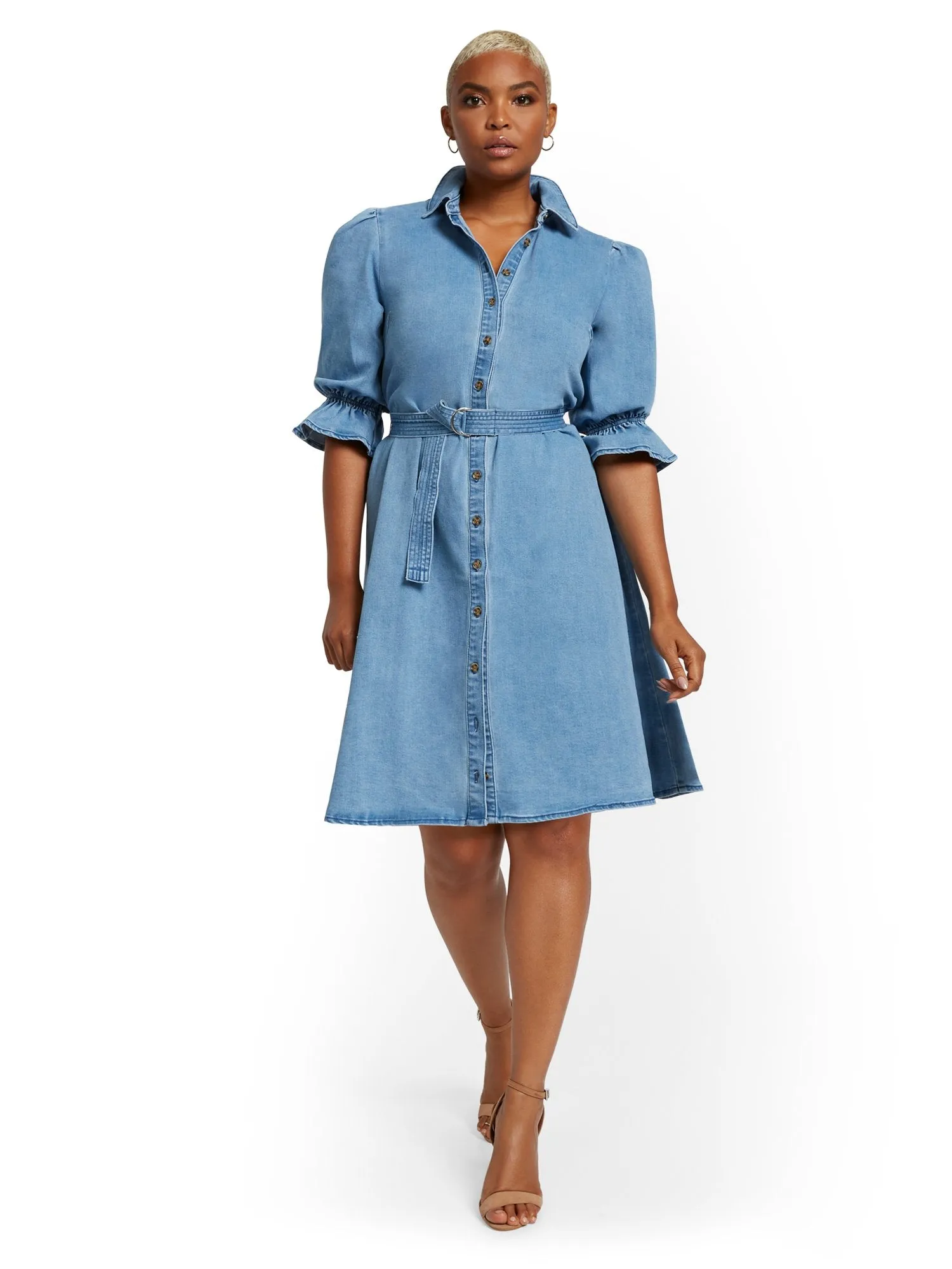 Puff-Sleeve Denim Shirtdress