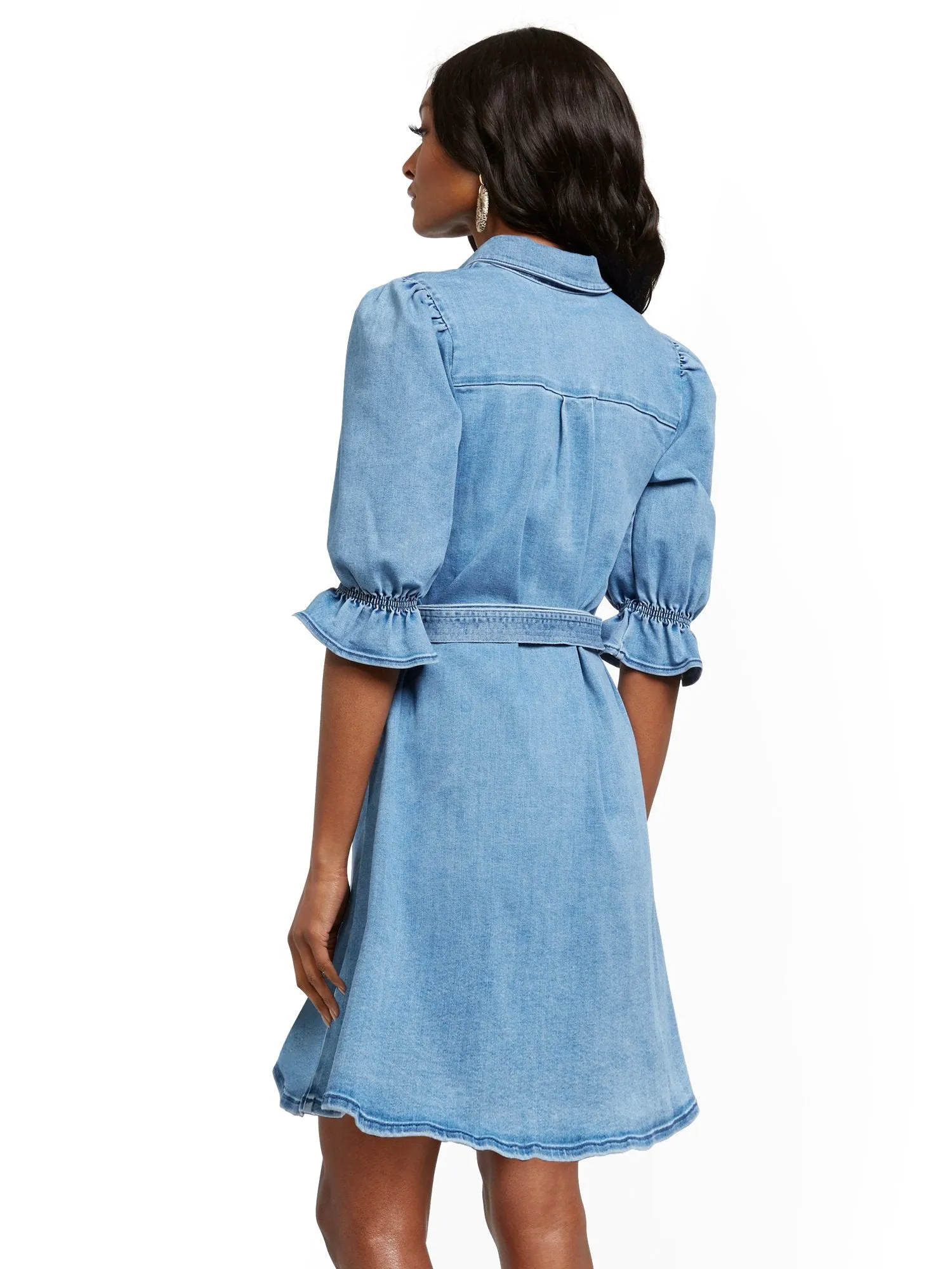 Puff-Sleeve Denim Shirtdress