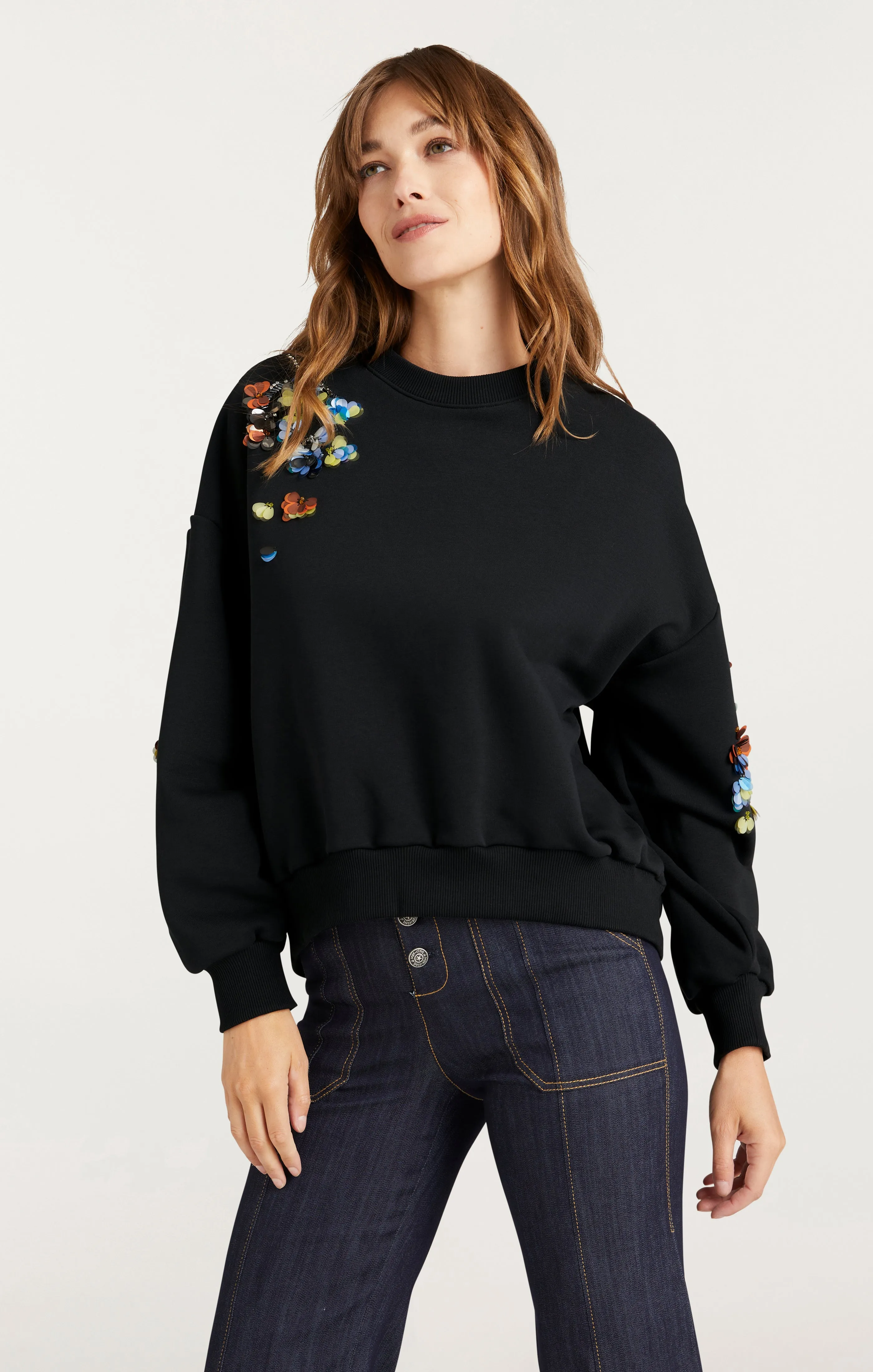 Sequin Flower Embellished Brandy Pullover