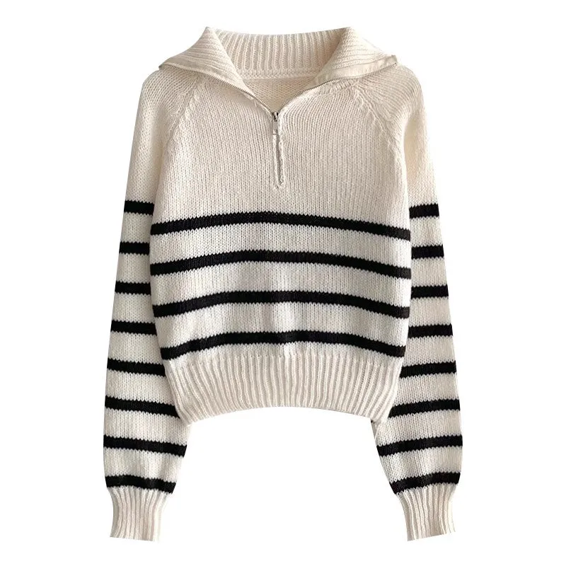 Simple POLO collar striped sweater    S4789